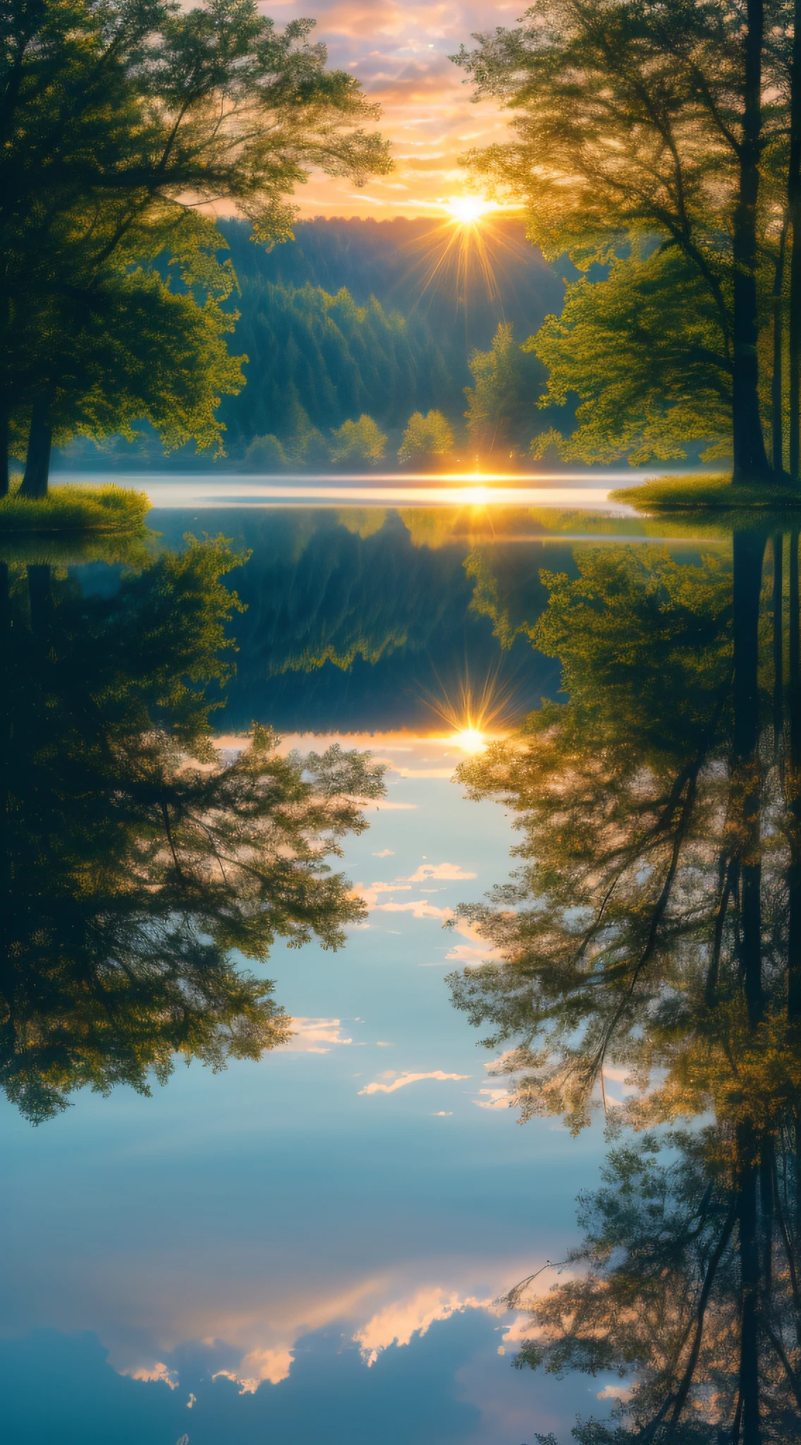 Wallpaper, summer, lake, dawn, forest, clouds, dawn background, depth of field, HD detail, hyperdetail, cinematic, soft light, deep field focus bokeh, ray tracing, diffuse (ultra-fine glass reflection) and realism. --v6