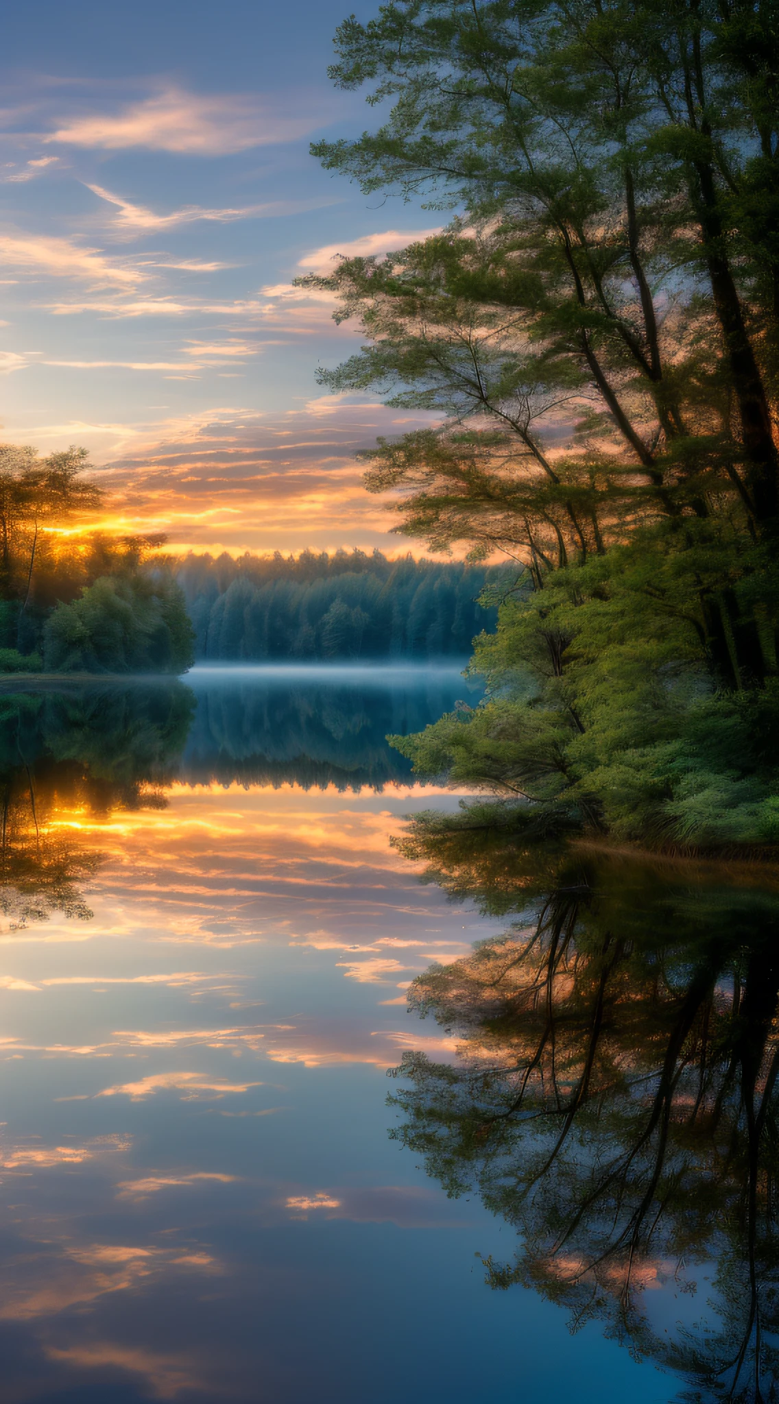 Wallpaper, summer, lake, dawn, forest, clouds, dawn background, depth of field, HD detail, hyperdetail, cinematic, soft light, deep field focus bokeh, ray tracing, diffuse (ultra-fine glass reflection) and realism. --v6