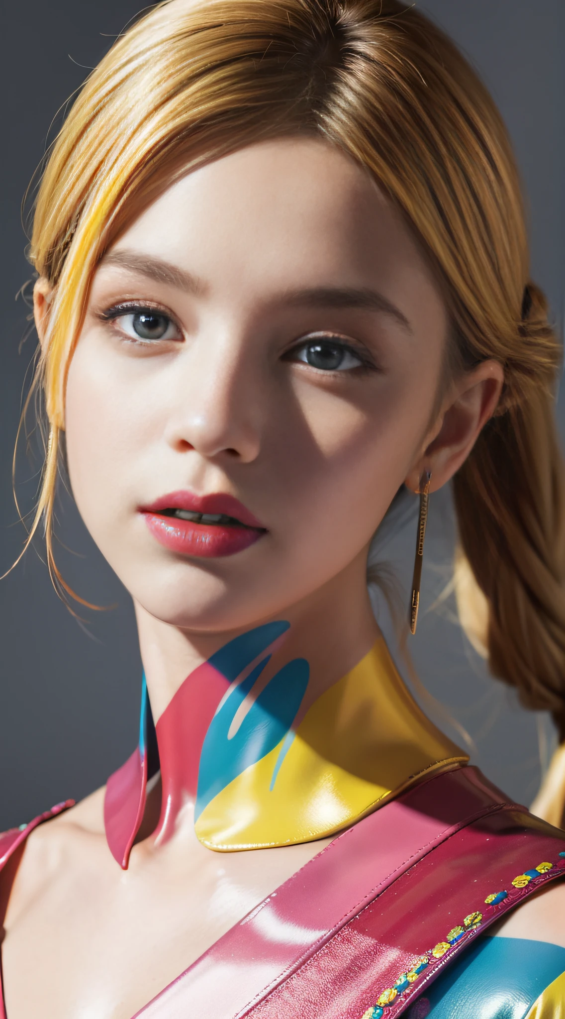 The bust of the model is made entirely of colorful hard candies stacked together. Her facial features are stylized in different flavors and candy colors – red lips, blue eyes, yellow hair. A few pieces loosened, dangling around, about to fall. It is a sweet, playful and whimsical interpretation of her portraiture. (Original Photo, Best Quality), (Realistic, Photo Fidelity: 1.3), Clean, Masterpiece, Fine Detail, Masterpiece, Hyper Detail, High Rise, (Best Illustration), (Best Shadow), Complex, Bright Light.