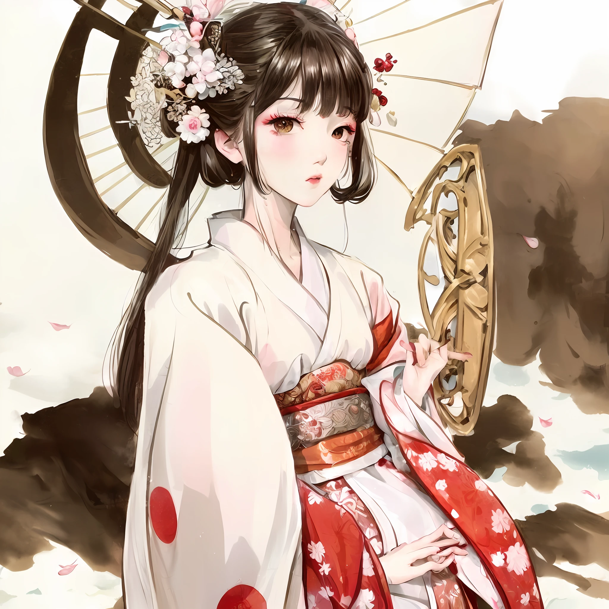 a close up of a woman in a kimono dress holding a parasol, palace ， a girl in hanfu, white hanfu, 中 元 节, a beautiful fantasy empress, ancient chinese princess, beautiful character painting, hanfu, japanese art style, ((a beautiful fantasy empress)), chinese fantasy, wearing ancient chinese clothes, anime goddess