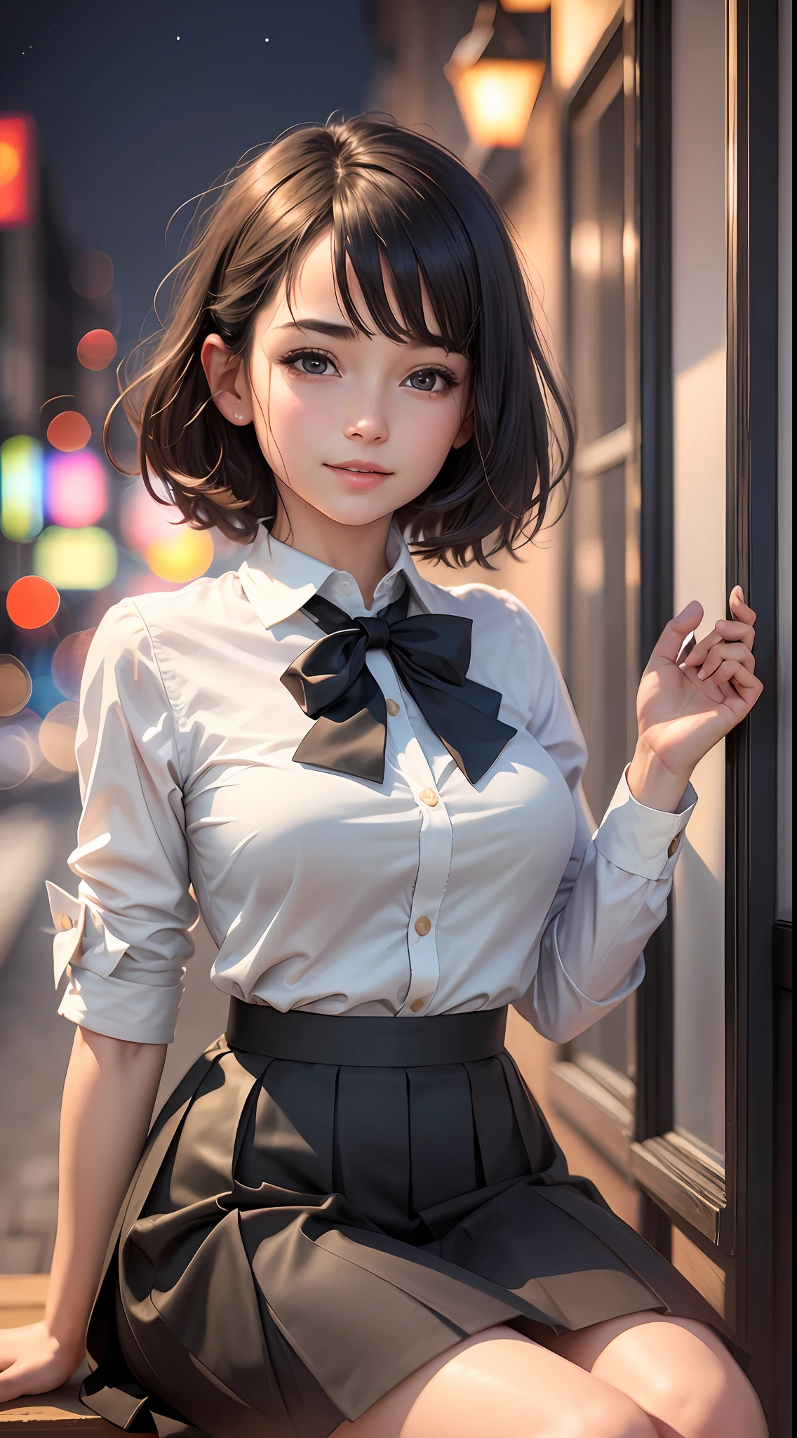 (8k, RAW photo, best quality, master:1.2), (realistic, photo-realistic:1.37), ultra detailed, 1 girl, cute, solo, beautiful detailed sky, detailed cafe, night, sitting, dating, (blushing), (smile: 1.1), (shut up), medium chest, beautiful delicate eyes, buttoned undone, (collar shirt: 1.1), bow tie, pleated skirt, (short hair: 1.2), flowing hair