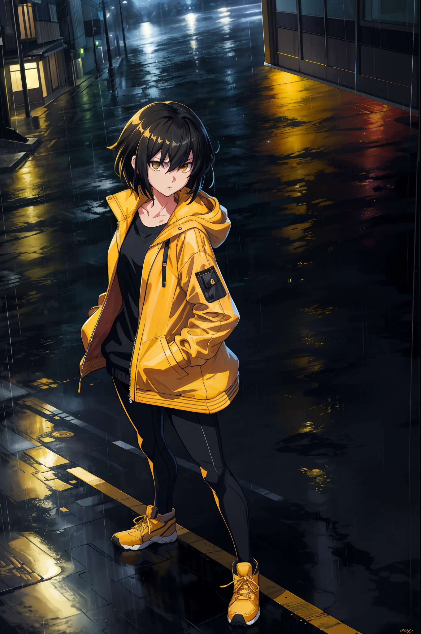 1 girl, yellow jacket, rainy night, moonlit street, open jacket, hands in pockets, staring at another person, messy long hair, 8k resolution, very detailed, anatomically correct, digital painting, concept art, Shinkai Makoto style, clear picture,