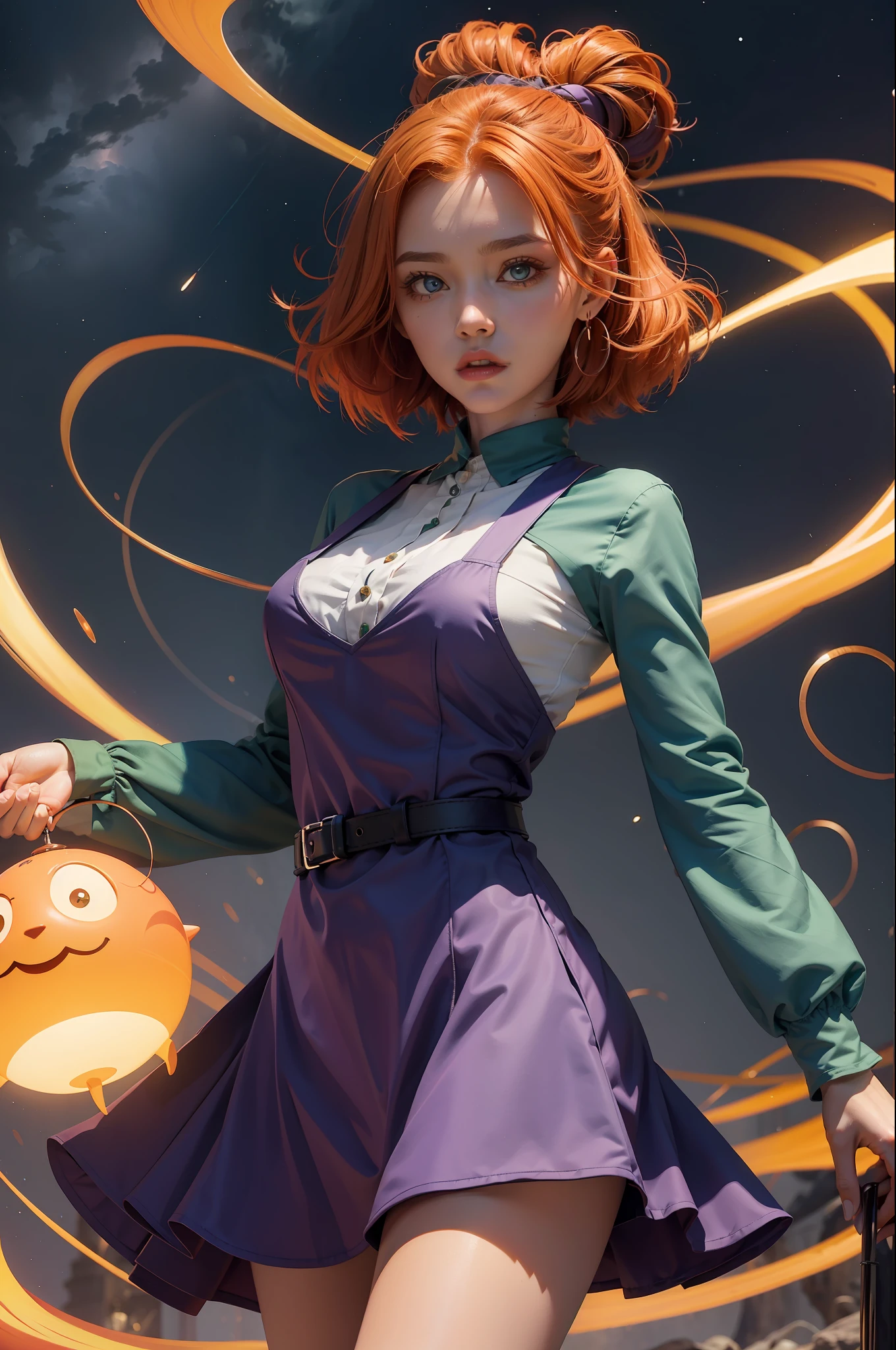 concept art, overhead angle of a Will-o'-the-wisp, wearing Funny Somali Emerald deep orange Pinafore, Caramel hair styled as Short hair, fluorescent purple Hair tie, equirectangular 360, Highres,  [(art by Willi Baumeister:1.1), (art by John T. Biggers:1.2)::17], official art, unity 8k wallpaper, ultra detailed, aesthetic, masterpiece, best quality, photorealistic