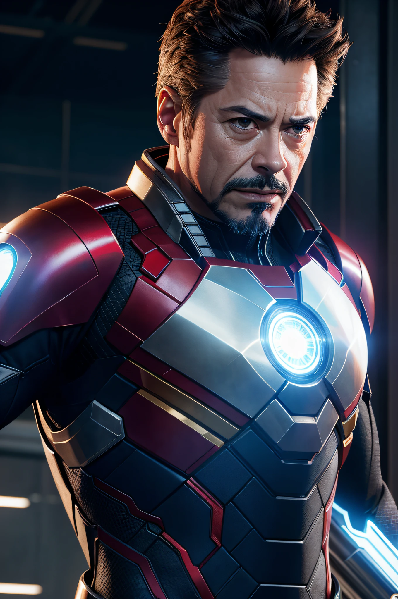 Marvel, Old man Tony Stark, realistically, dynamic lights, old, gray stubble, full shoot, (extremely detailed CG unity 8k wallpaper), trending on ArtStation, trending on CGSociety, High Detail, Sharp focus, dramatic, photorealistic