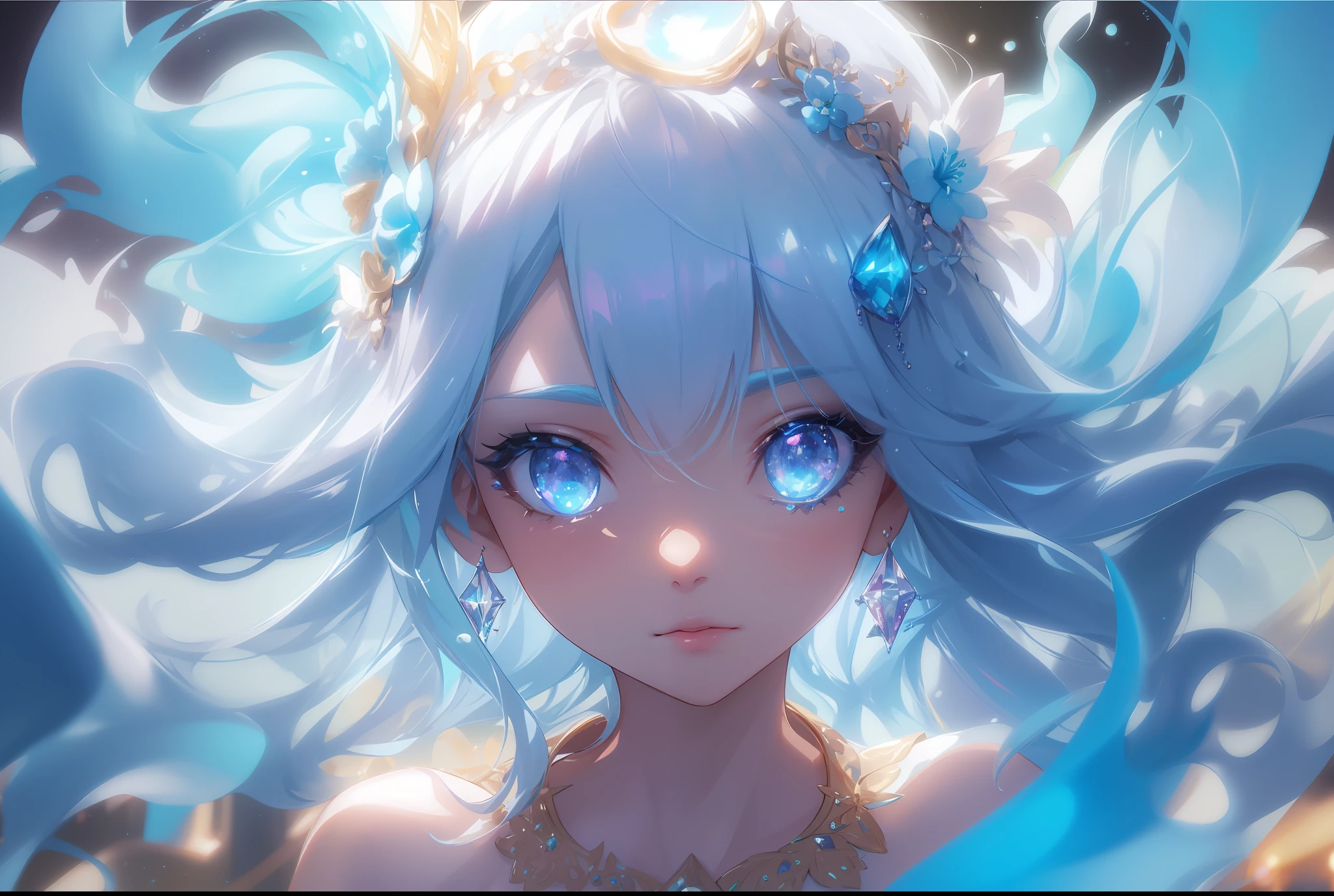 (Masterpiece: 1.2), Best Quality, (Illustration: 1.2), Jewel-like Colorful Eyes, Gemstone Textured Eyes, Intricate Art, (Finely Crafted Glow, Lens Glow), (Hyper Detail), Ultra Detail, (Fine Detail), (Intricate Detail), (Cinematic Light, Best Quality Backlight), Clear Lines, Solo Female, Solo Female, Perfect Figure, (1 Girl), (Bioluminescent Hair: 1.2), (Glowing Eyes), (Dynamic: 1.2), ((Makeup), High contrast, (best lighting, extremely delicate and beautiful), ((cinematic light)), colorful, powerful, (cinematic masterpiece), stick figures, splashes of color, absolutely eye-catching, ((colored paint splashed on background, Dulux,)), (caustic)), dynamic angles, beautiful detail smoke, (fascinating), (intricate detailed film background: 1.1), ambient occlusion, ambient light, ray-traced reflections, gemstones, sparkling, radiant aura, glowing hair