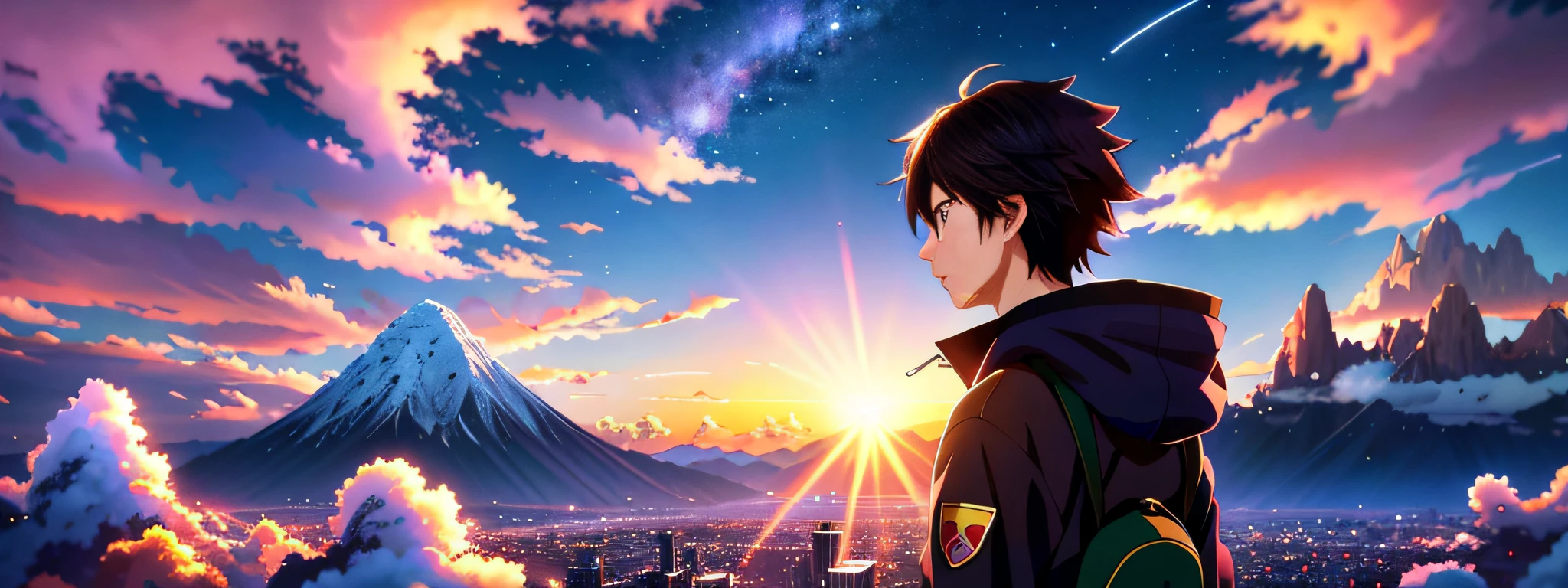 anime boy looking at the sky with a mountain in the background, makoto shinkai cyril rolando, anime style 4 k, makoto shinkai art style, makoto shinkai and bioware, 4 k manga wallpaper, makoto shinkai style, anime art wallpaper 4 k, anime art wallpaper 4k, makoto shinkai!, 4k anime wallpaper