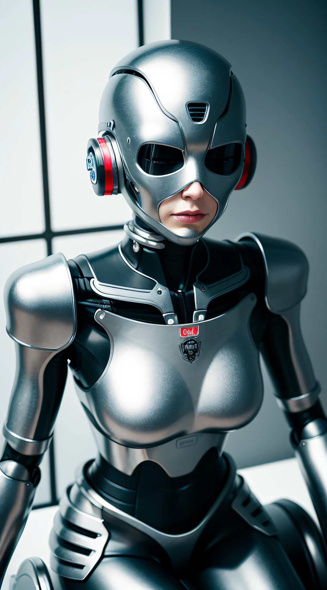 3d rendering, detailed beauty, ceramics, female robot face, robot parts, 150 mm, studio soft light, edge light, vibrant detailing, cyberpunk, lace, surrealism, anatomy, facial muscles, cable, microchip, elegant, beautiful background, octane rendering, HR Giger style, 8k, best quality, masterpiece, illustration, very refined, very detailed, CG, uniform, wallpaper, amazing, fine detail, masterpiece, best quality, official art, absurd, Robot, silver armor, full body, sitting