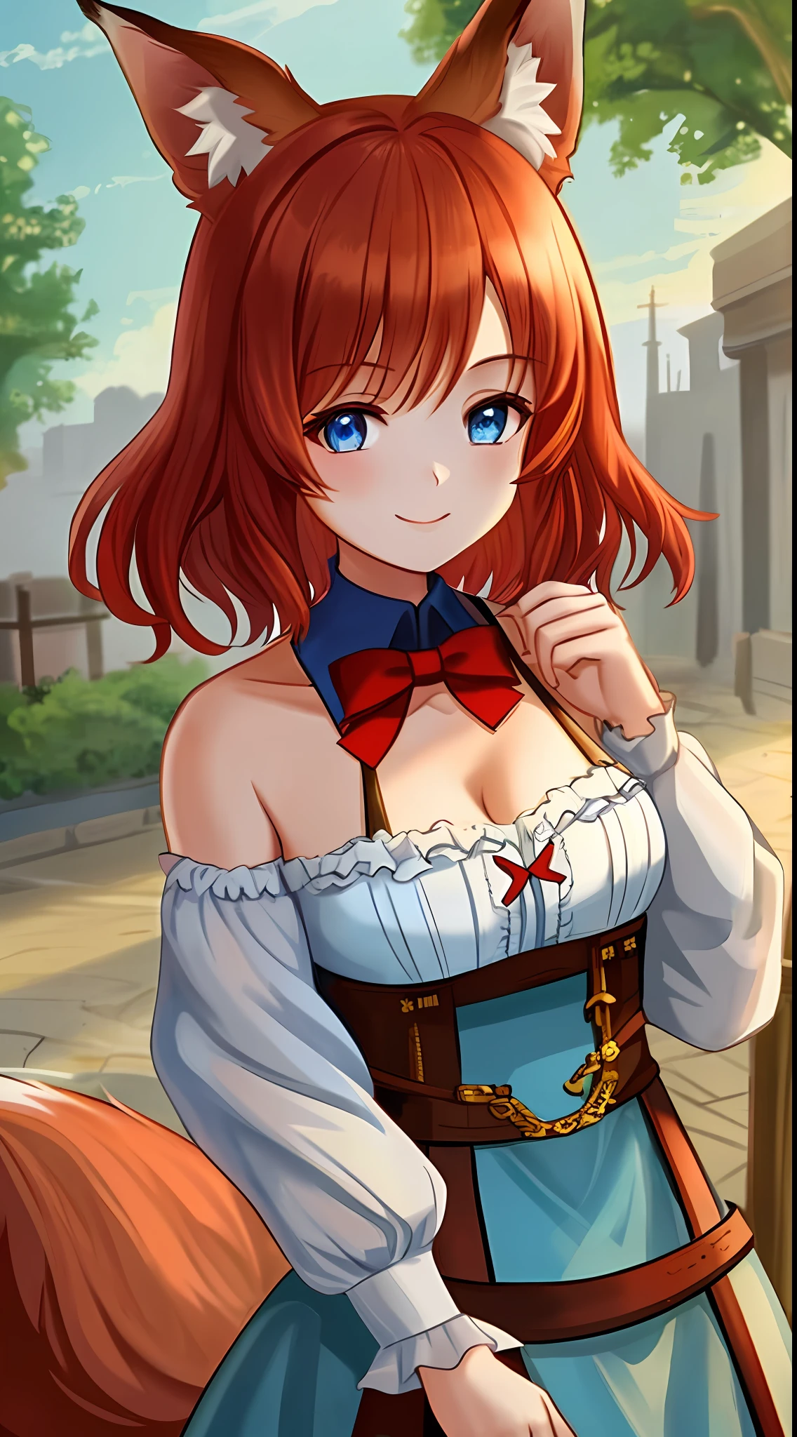 Young girl, short red hair, fox ears, blue eyes, old Russian shirt, smile, open shoulders, chest neckline, masterpiece, high quality