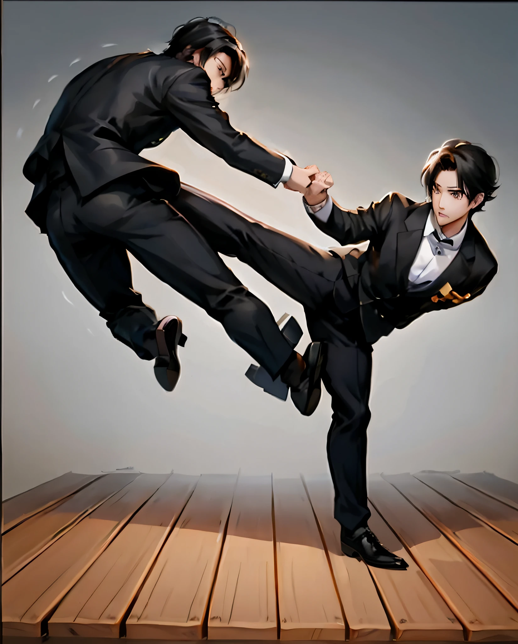 They are two men in suits kicking each other on the wooden floor, official doujin art, battle pose, high-quality doujin art, battle pose, handsome anime pose, dramatic action pose, Robrey and Kentaro Miura style, in the style of Sifu 🔥 😎 🕹️ 👀: 2, Goro and Kunkel, action pose, battle pose, Korean artist Clear facial features