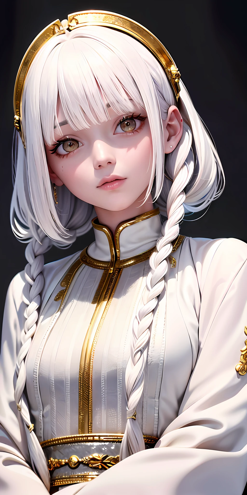 best quality, masterpiece,white hair, gold eyes,white clothes, looking up, upper body,hair strand,Fair skin,side braids