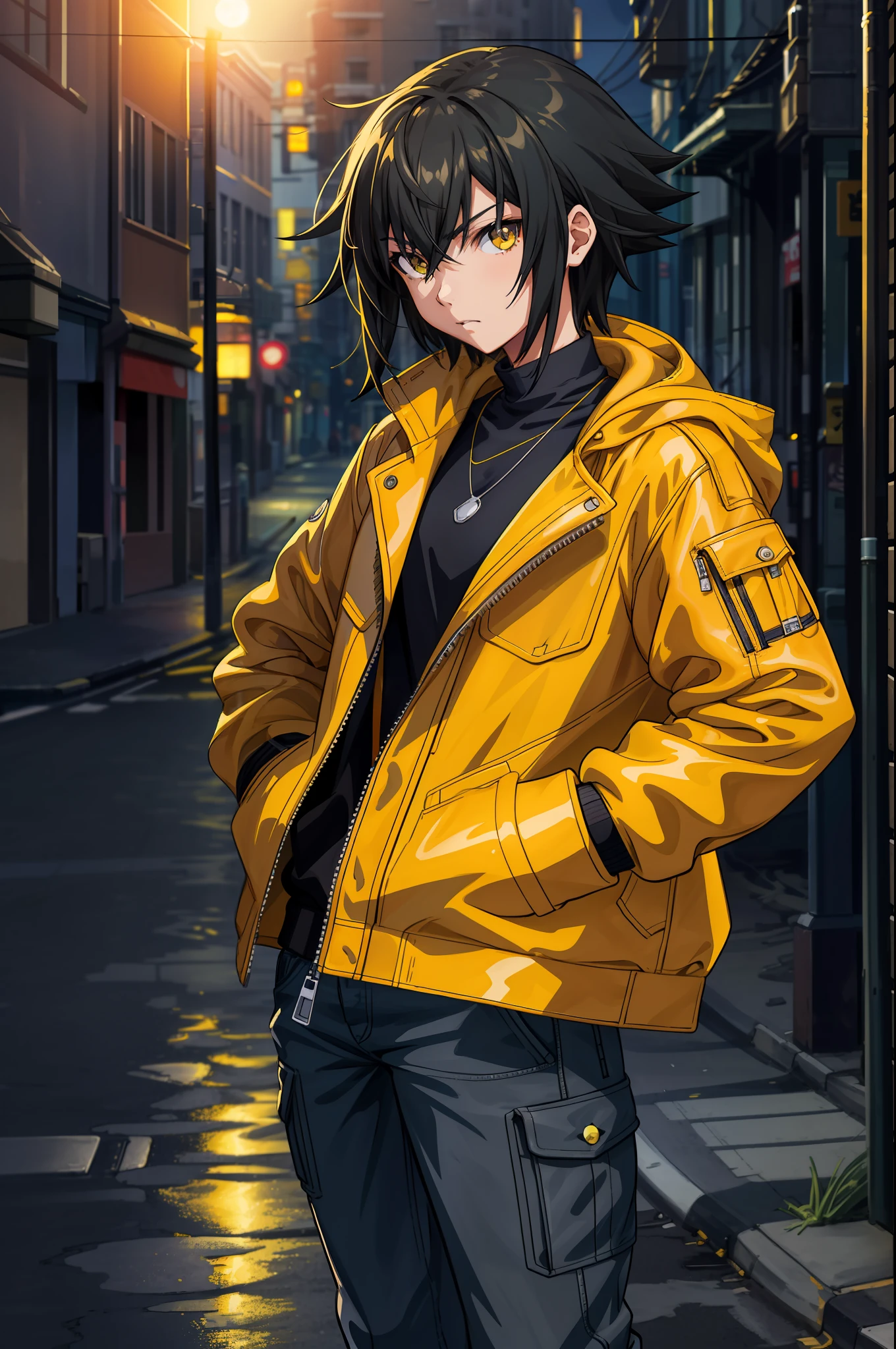1 girl, yellow jacket, moonlit street, open jacket, hands in pockets, staring at another person, messy long hair, 8k resolution, very detailed, anatomically correct, digital painting, concept art, Shinkai Makoto style, clear picture,