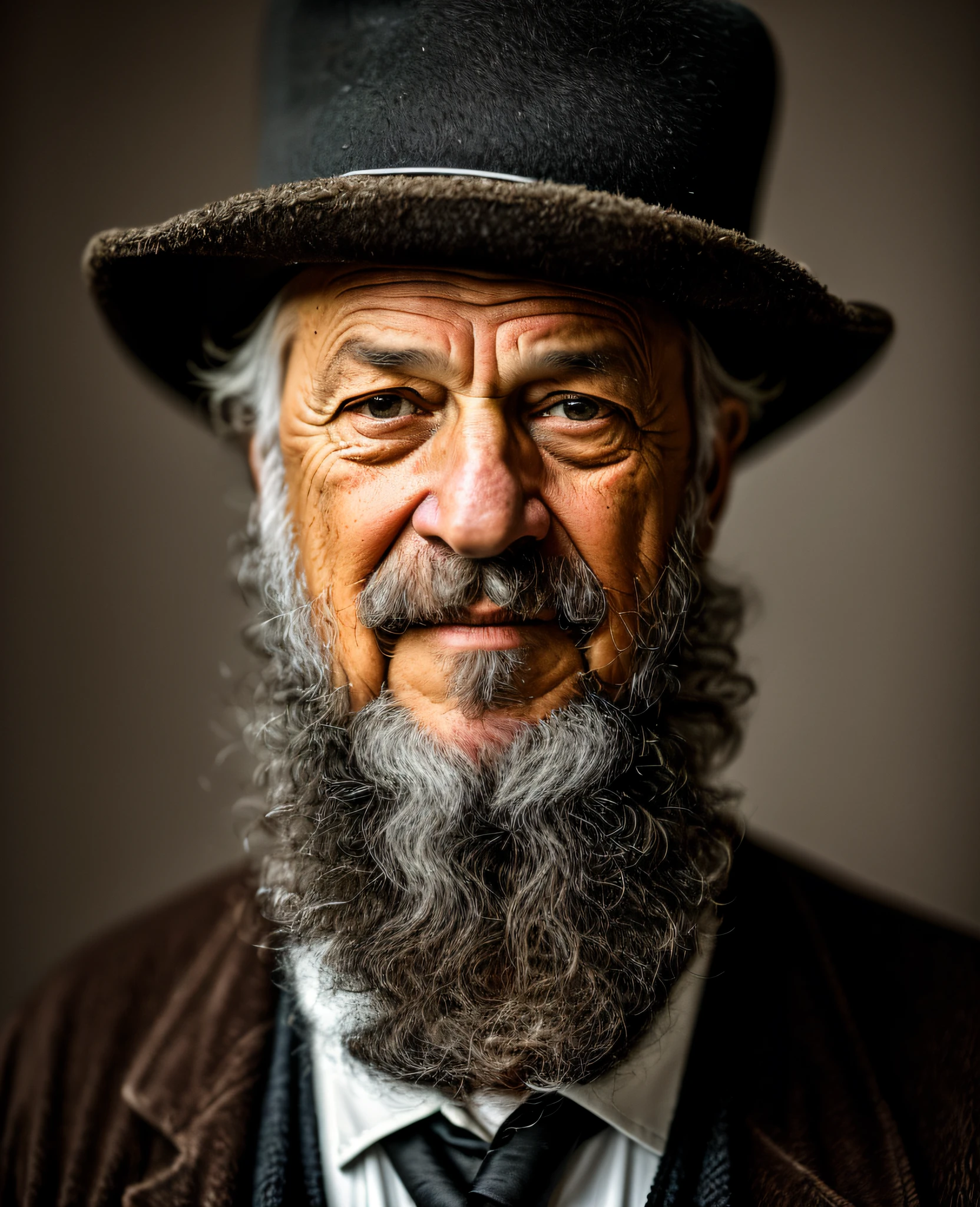 portrait photo of Rembrandt, middle aged man wearing a black hat, greying, brown jacket, photo studio, (8k UHD:1.1), (film grain:1.1), (raw photo:1.1), full resolution, highly detailed skin, detailed hair, dslr, sharp focus, high definition, high quality photography, intricate