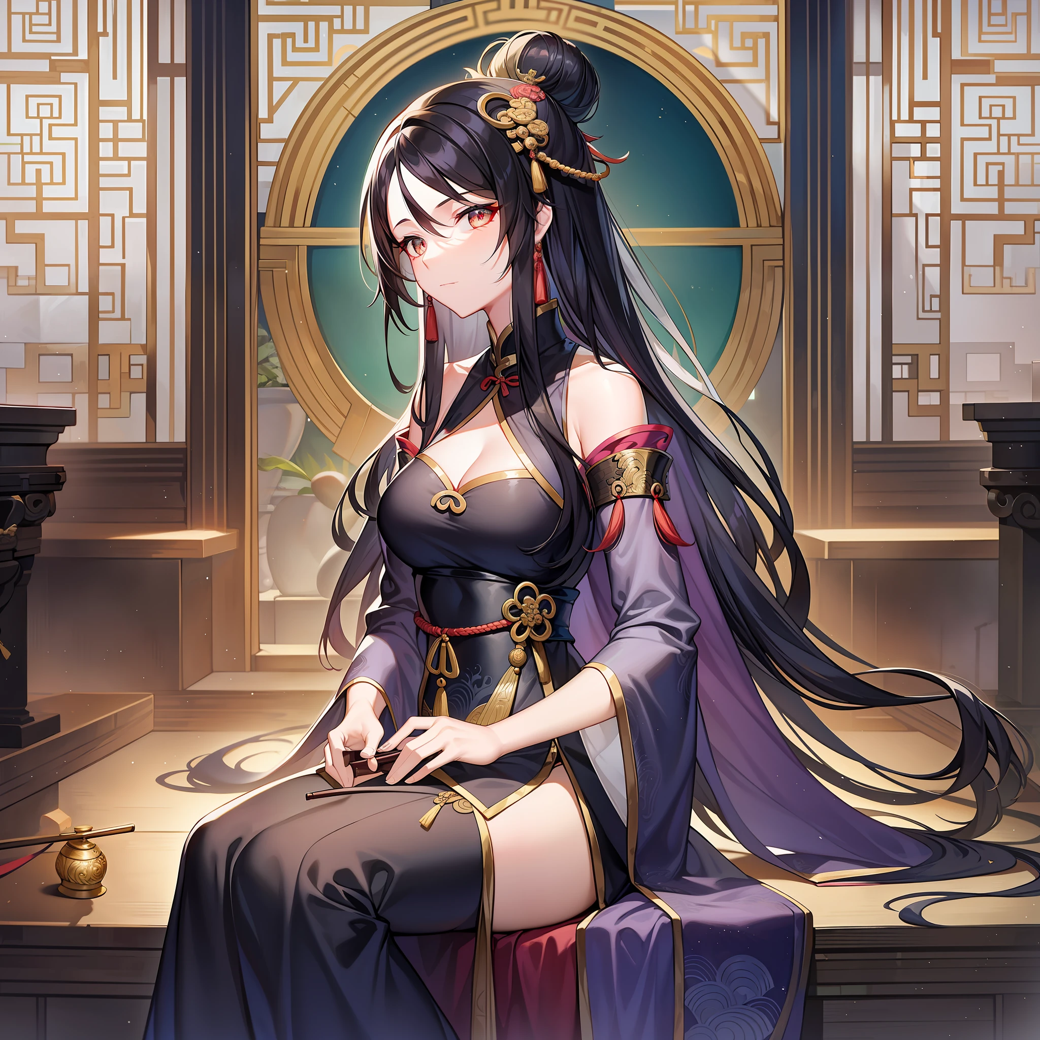 The Qin Yu Female Emperor is a woman with a gentle temperament and outstanding talent. Her long hair was as black as crow's wings, combed into an elegant bun, and her jade forehead was slightly visible, which was clearly a talented woman. She was dressed in a plain blue dress, the corners of her clothes fluttered gently with the breeze, and there was a faint sadness in her eyes. She held a white jade guqin in her hand, and her fingertips flicked the strings, making a crisp and pleasant sound of the piano, as if making people feel the warmth of silky softness. She may be playing this guqin on stage, chanting melodious and moving music, attracting countless listeners. She is a cultivated woman who is admired and appreciated.