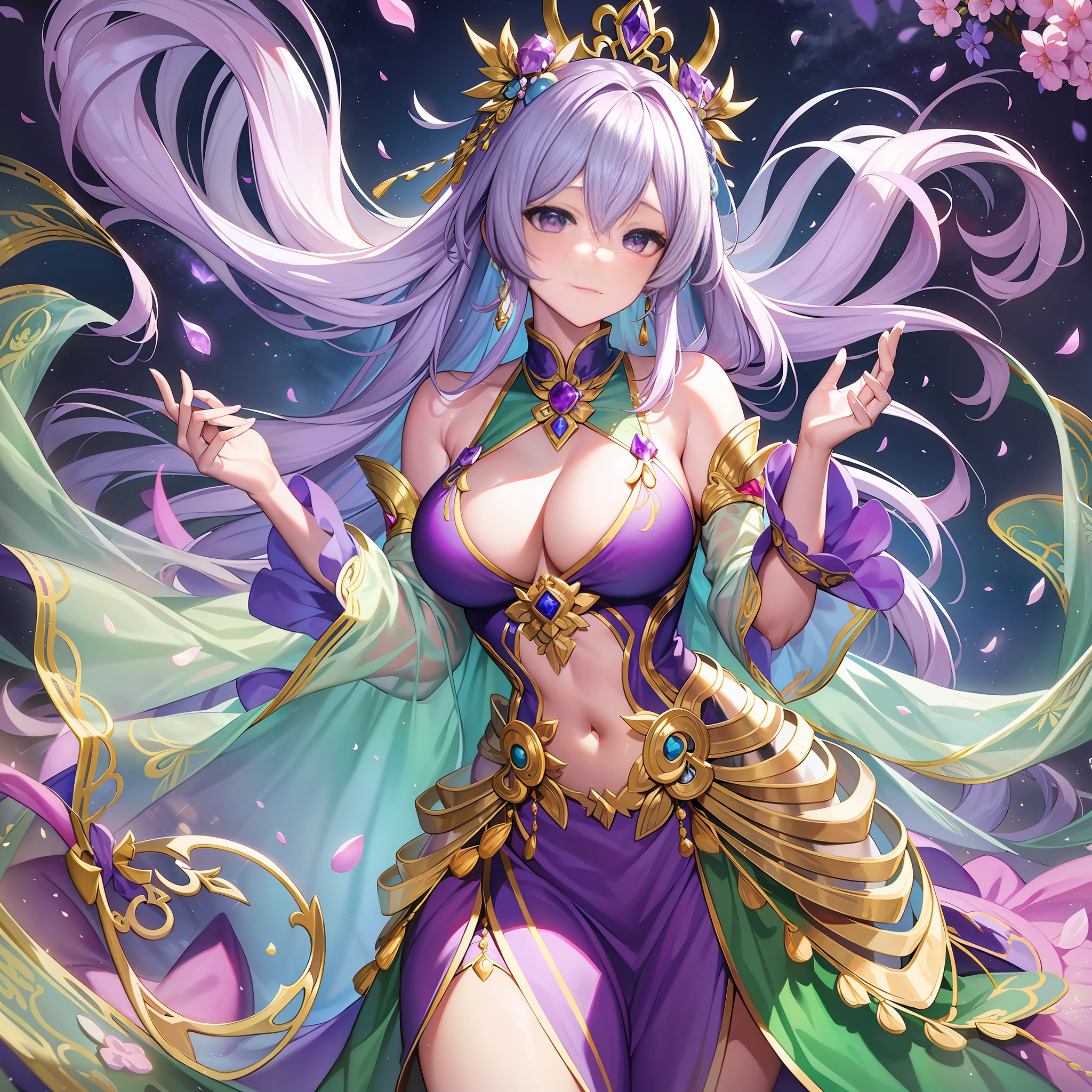 The Fairy Jade Emperor is a beautiful and moving woman, her face is light and beautiful, and she can even be said to be a fairy-like existence. Her long hair was silky and smooth, shining with a silver glow, making it difficult to look away. She wore a gorgeous purple long dress, embellished with countless brilliant fairy jade, like a heavenly woman. In her hand is a fairy sword carved from white jade, and the hilt is inlaid with purple gemstones that echo the long skirt, full of mystery. At this moment, she may be dancing her long skirt in the fairyland, wielding the fairy sword, showing her elegance and spirituality as a female emperor.