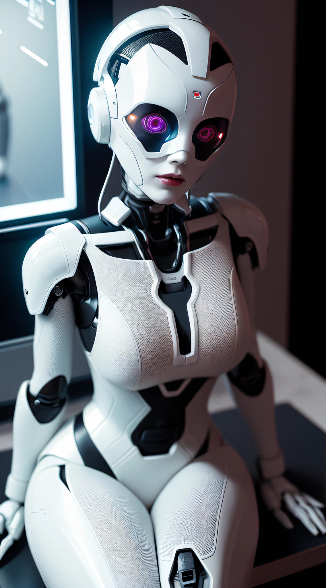 female robot face, ceramic silhouette, robot, robot parts, cable, microchip, lace, silver armor, full body, facial muscles, beautiful, sitting, studio soft light, edge light, vibrant details, very sophisticated, elegant, cyberpunk, surrealism, anatomy, beautiful background, 3d rendering, octane rendering, hr giger style, 8k, best quality, illustration, very detailed, cg, uniform, wallpaper, fidelity, amazing, fine detail, masterpiece, Best quality, official art, absurd, 150 mm