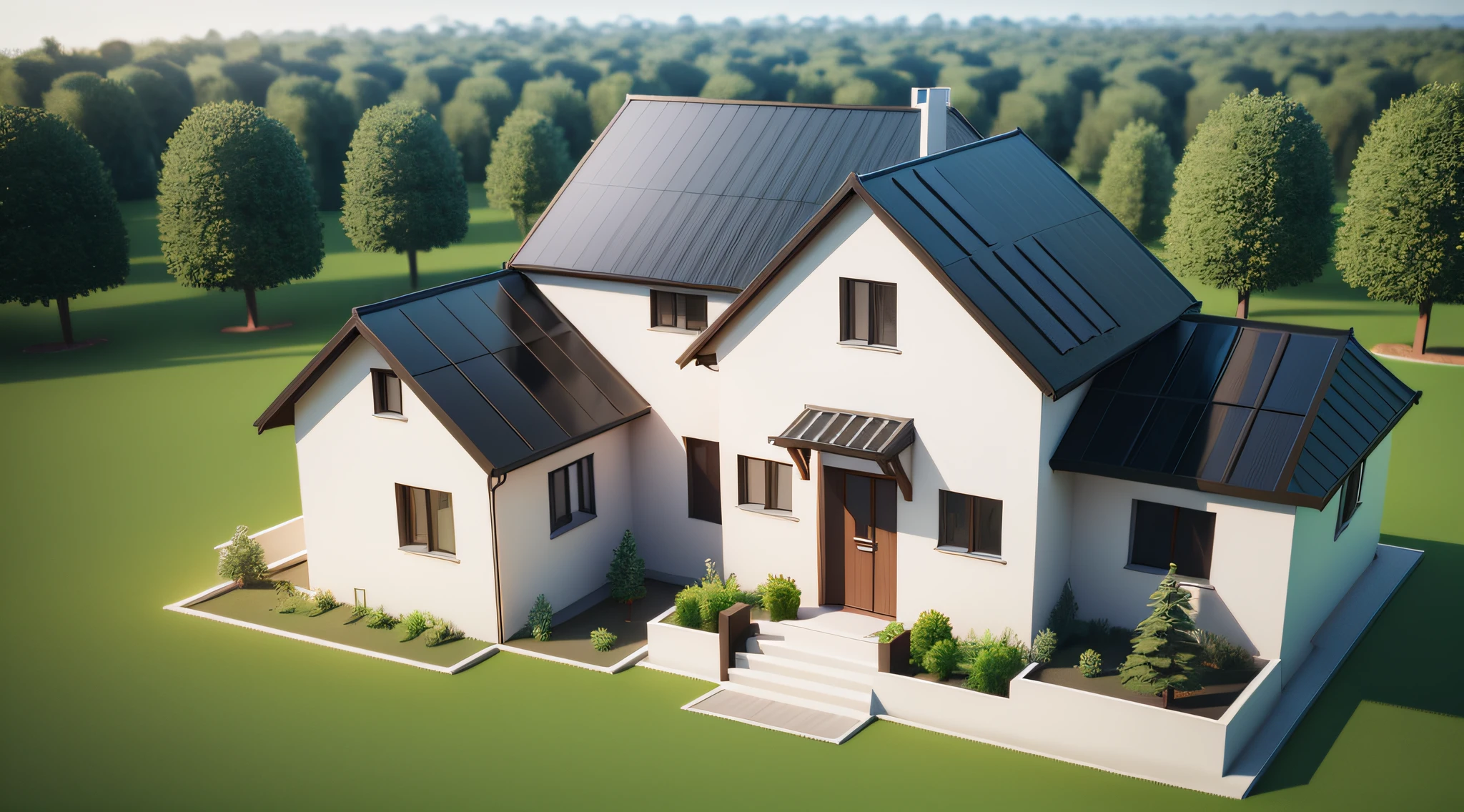 low poly house, low poly trees, wind turbines, glossy solar panels, 3d render, 3d clay, minimalistic, smooth, clean, clean lines, proper windows, simple, (low poly), cartoon, 3d render, isometric top down view