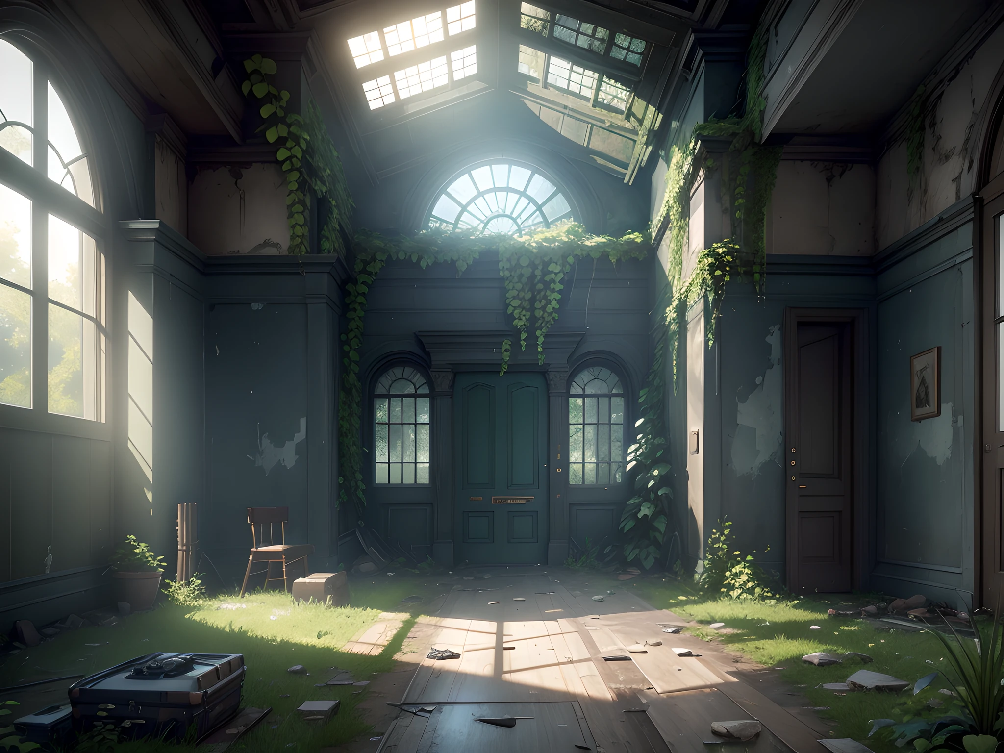 a room filled with lots of windows next to a wall, epic video game art, the last of us zombie, inspired by Edwin Deakin, neoclassical police station, overgrown greenery, high detail photo of a deserted, gameplay screenshot with ui, lunatic asylum, 3 ds max