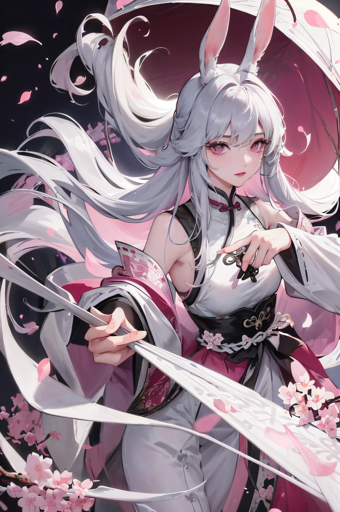 8K masterpiece superb night full moon 1 female Chinese style Chinese architecture mature woman sister silver white long hair woman long hair light pink lips calm rational bangs gray pupil assassin umbrella, umbrella, turn around, turn around, turn around, petals flying, delicate face, rabbit ears, cherry blossoms,