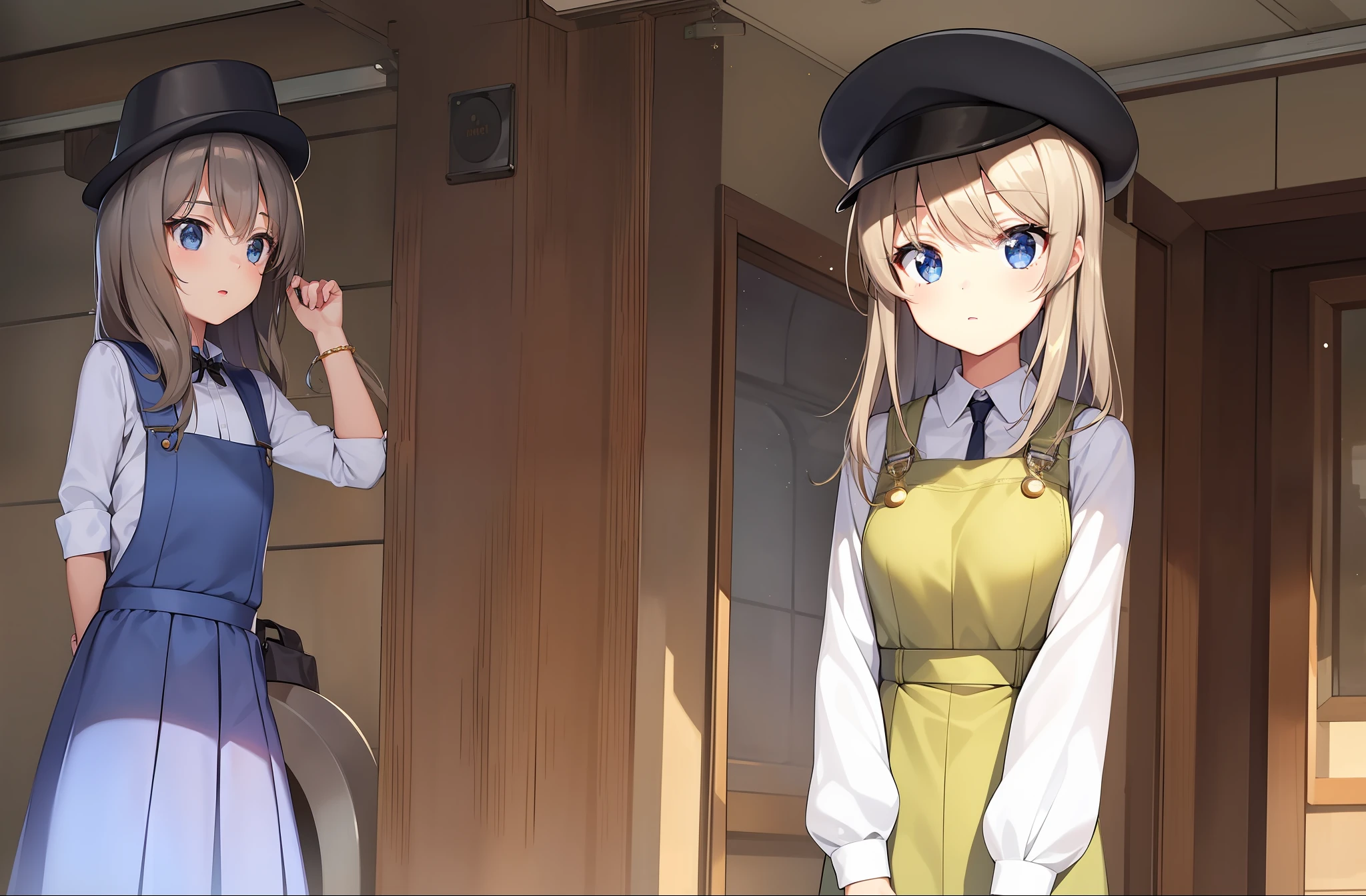 1 girl, young girl, detailed eyes, sparkling eyes, beautiful hands, highly detailed hands, straight hands, masterpiece, best quality, shiny skin, shiny hair, train conductor clothes, overalls, conductor hat, train, steam engine, long hair, straight hair, hair between eyes, hazel eyes, blue sky