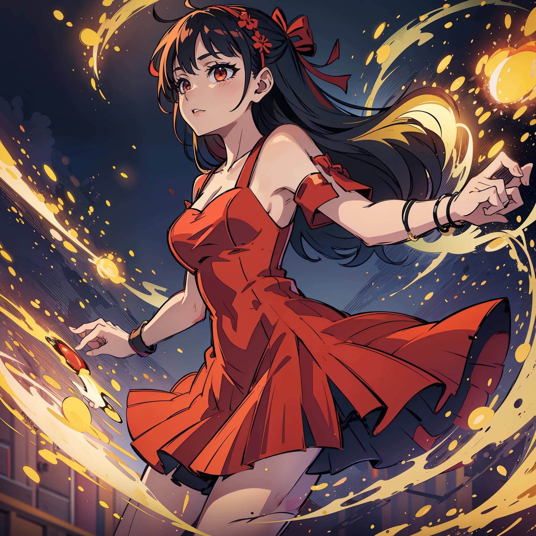 girl,solo,red dress,dancing with fire,looking to the side,night