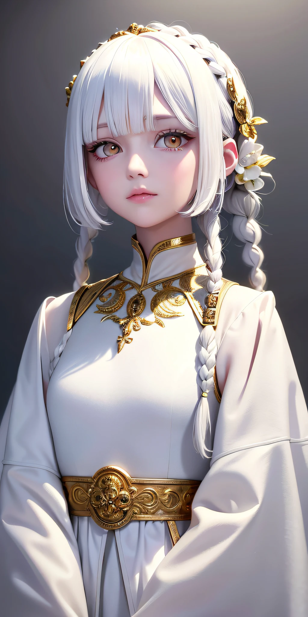 best quality, masterpiece,white hair, gold eyes,white clothes, looking up, upper body,hair strand,Fair skin,side braids