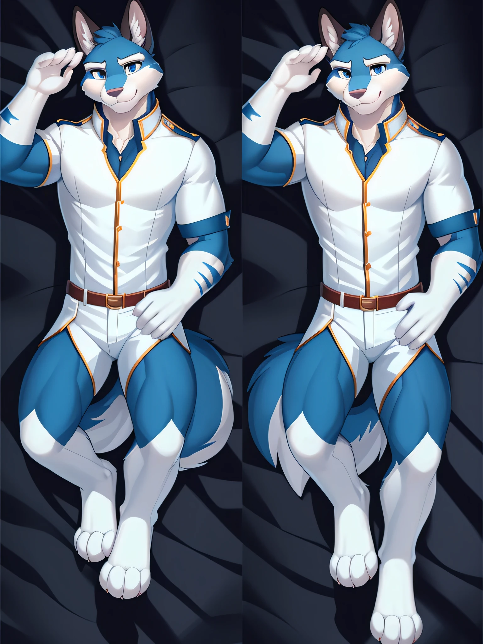 dakimakura,argo, full body, solo, , bala, (white uniform), by Zackarry911, by Zaush, (by personalami:0.5), solo, (dynamic pose: 1.3), zootopia style, detailed background, smile, smile, look at the audience, (soft shadow), 4K, high resolution, dark theme