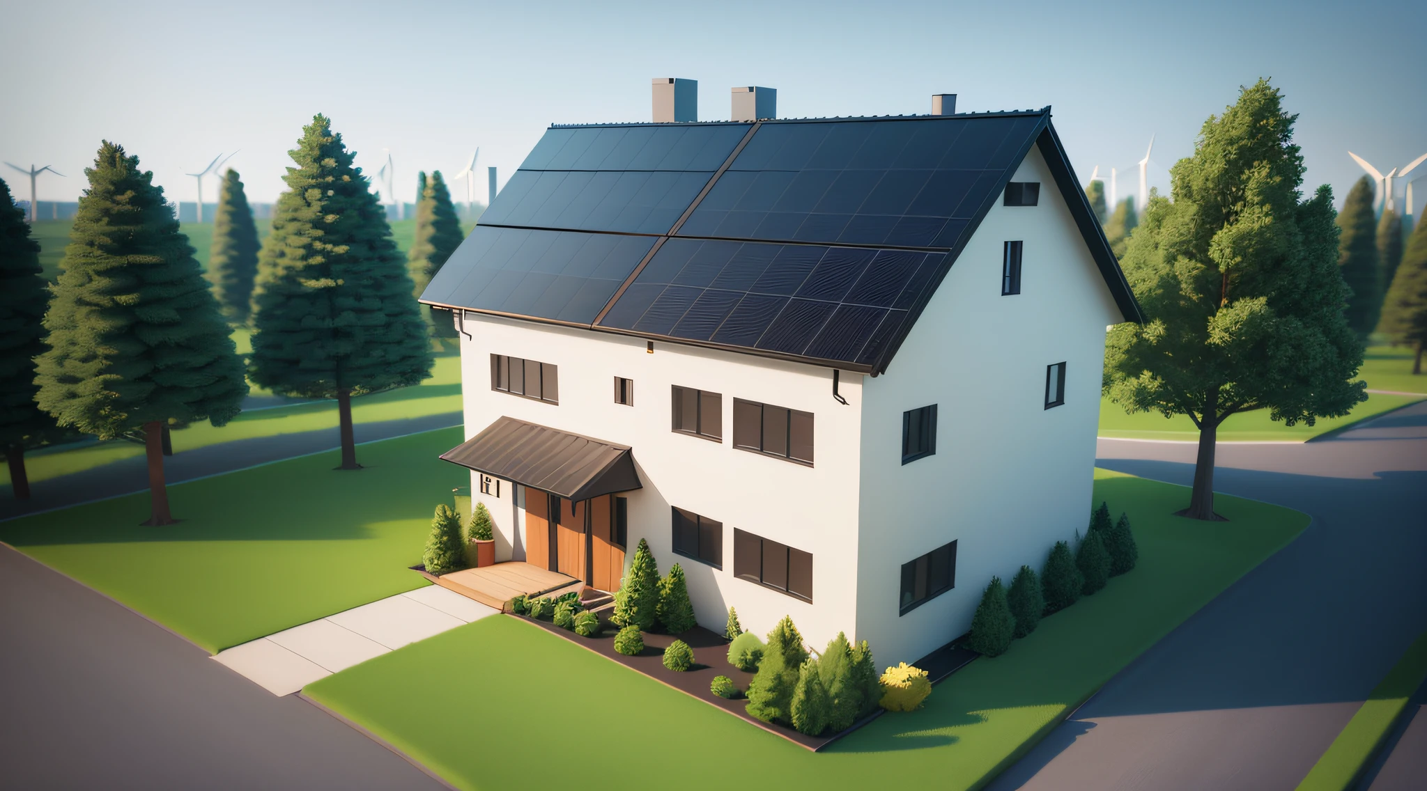 low poly house, low poly trees, wind turbines, solar panels, 3d render, 3d clay, minimalistic, smooth, clean, clean lines, proper windows, simple, (low poly), cartoon, 3d render, isometric top down view, masterpiece