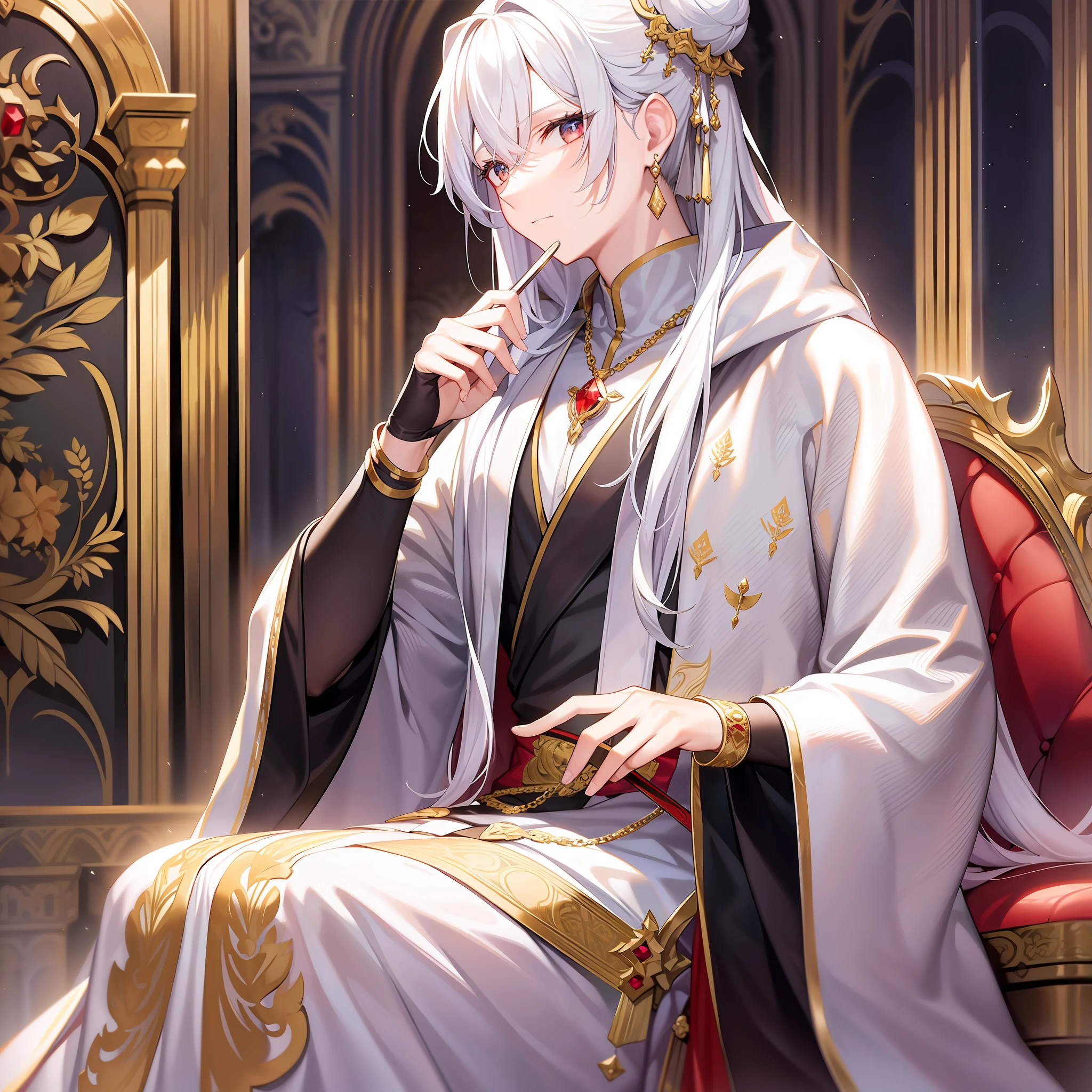 Character expressions: proud and confident, deep eyes, with a touch of coldness; Hairstyle and color: white hair flowing, part tied into a towering bun, hair color pale and flawless; Clothing style and color: red suit, robe decorated with gold patterns, coat is white shawl, noble and solemn; Accessories on the figure: a long silver chain tied around his neck with a shiny ruby hanging from the chain, a silver bracelet on his wrist and a silver scepter in his hand; Character posture: sitting high on the seat, with a proud posture, holding a silver scepter in his hand, looking at the crowd in front of him faintly; Ambient light: soft light in the room, shining down from the top light, warm and soft; Environmental atmosphere: killing atmosphere, majestic, solemn; Environmental features: ancient and ornate palace, golden walls splendid, gates carved with strange patterns, standing in front of His Majesty the ruler of the White Fox Clan are several pious bowing courtiers; Ambient time: At eleven o'clock in the evening, the sky outside has completely darkened, and the dim candlelight inside the palace reflects His Majesty's face