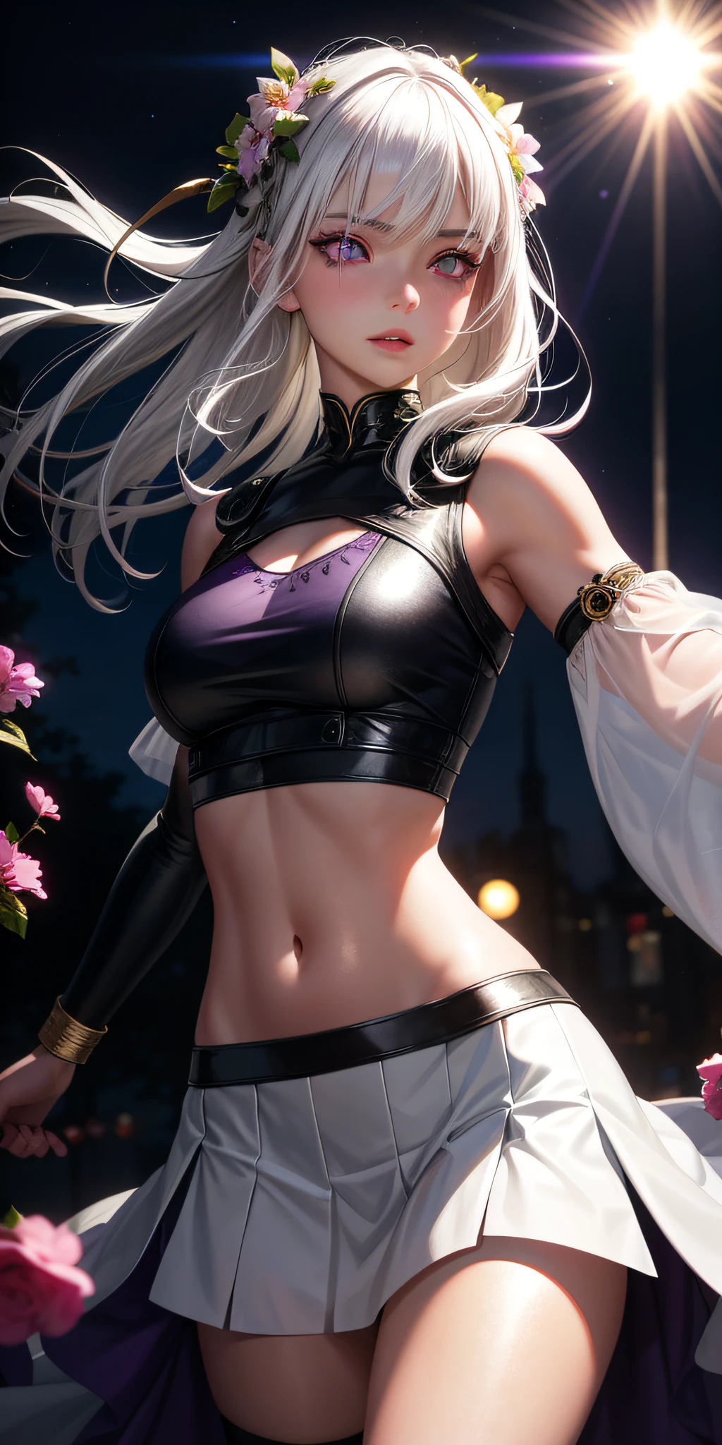 realistic, 1girl, white hair, purple eyes, glowing eyes, crop top, skirt, parted lips, blush, night, flowers, sun, sunlight,