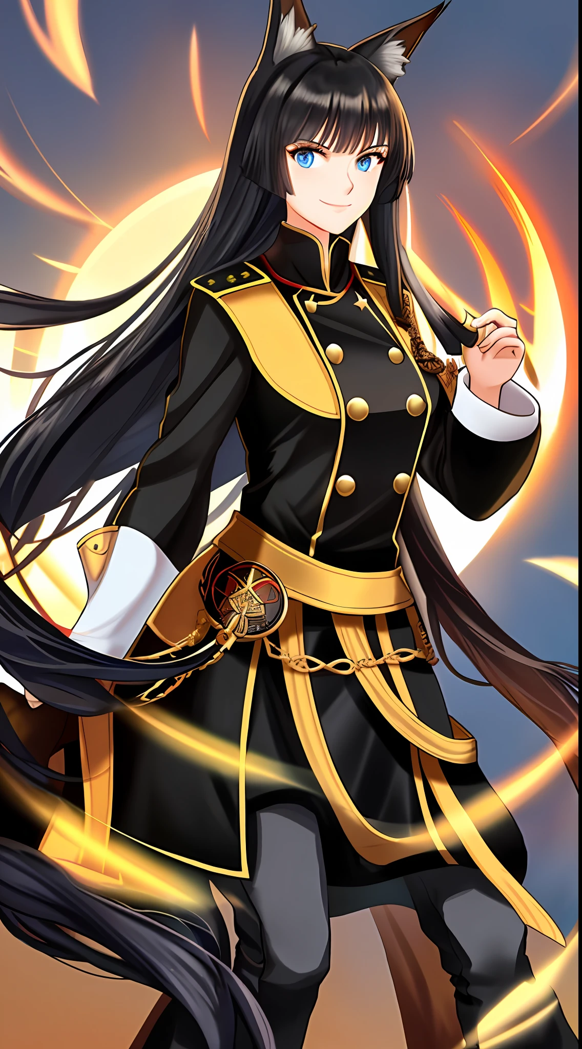 Tall girl, long black hair, fox ears, blue eyes, old Russian fighting uniform, smile, open shoulders, chest neckline, masterpiece, high quality