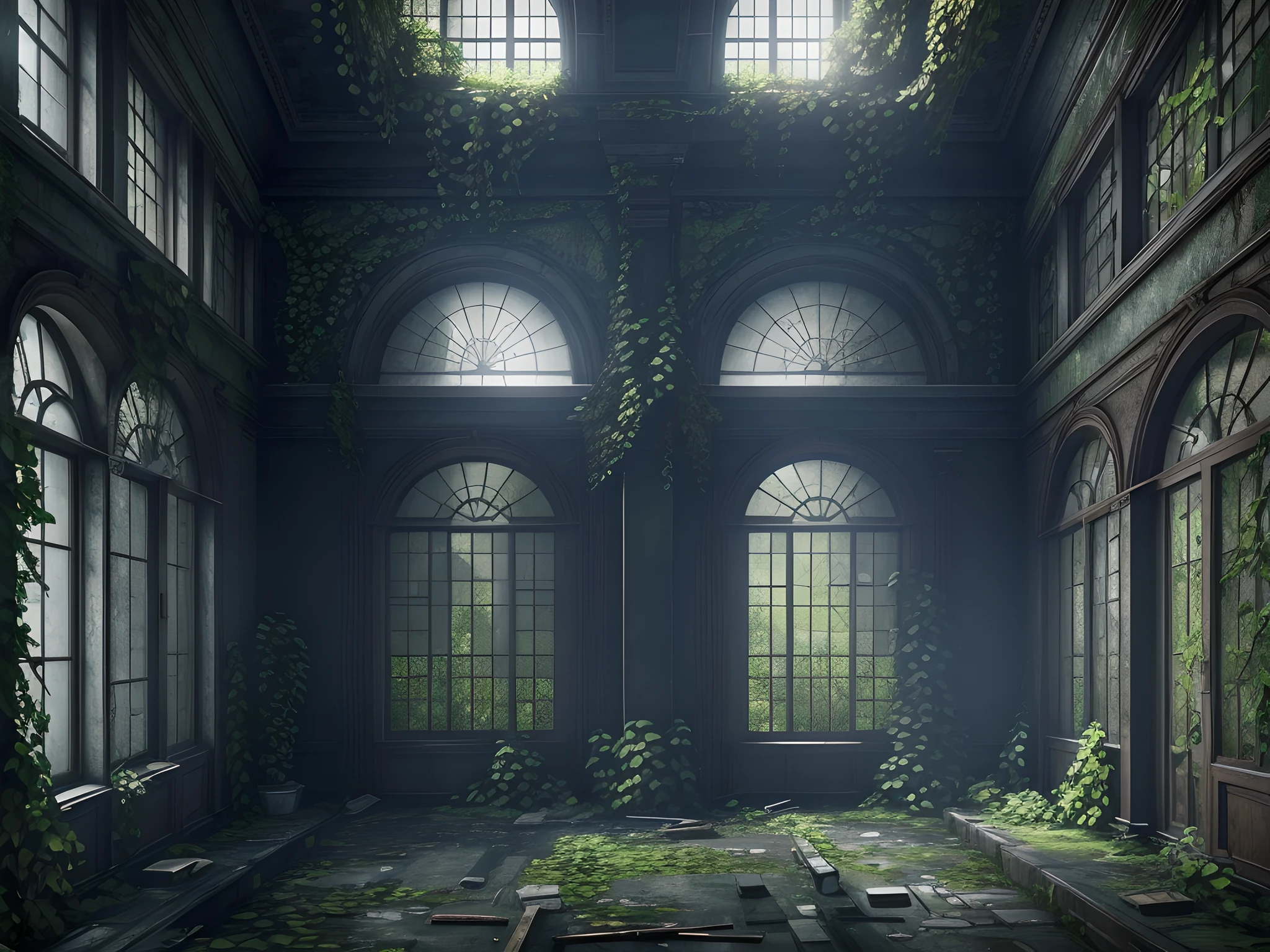 a room filled with lots of windows next to a wall, epic video game art, the last of us zombie, inspired by Edwin Deakin, neoclassical police station, overgrown greenery, high detail photo of a deserted, gameplay screenshot with ui, lunatic asylum, 3 ds max