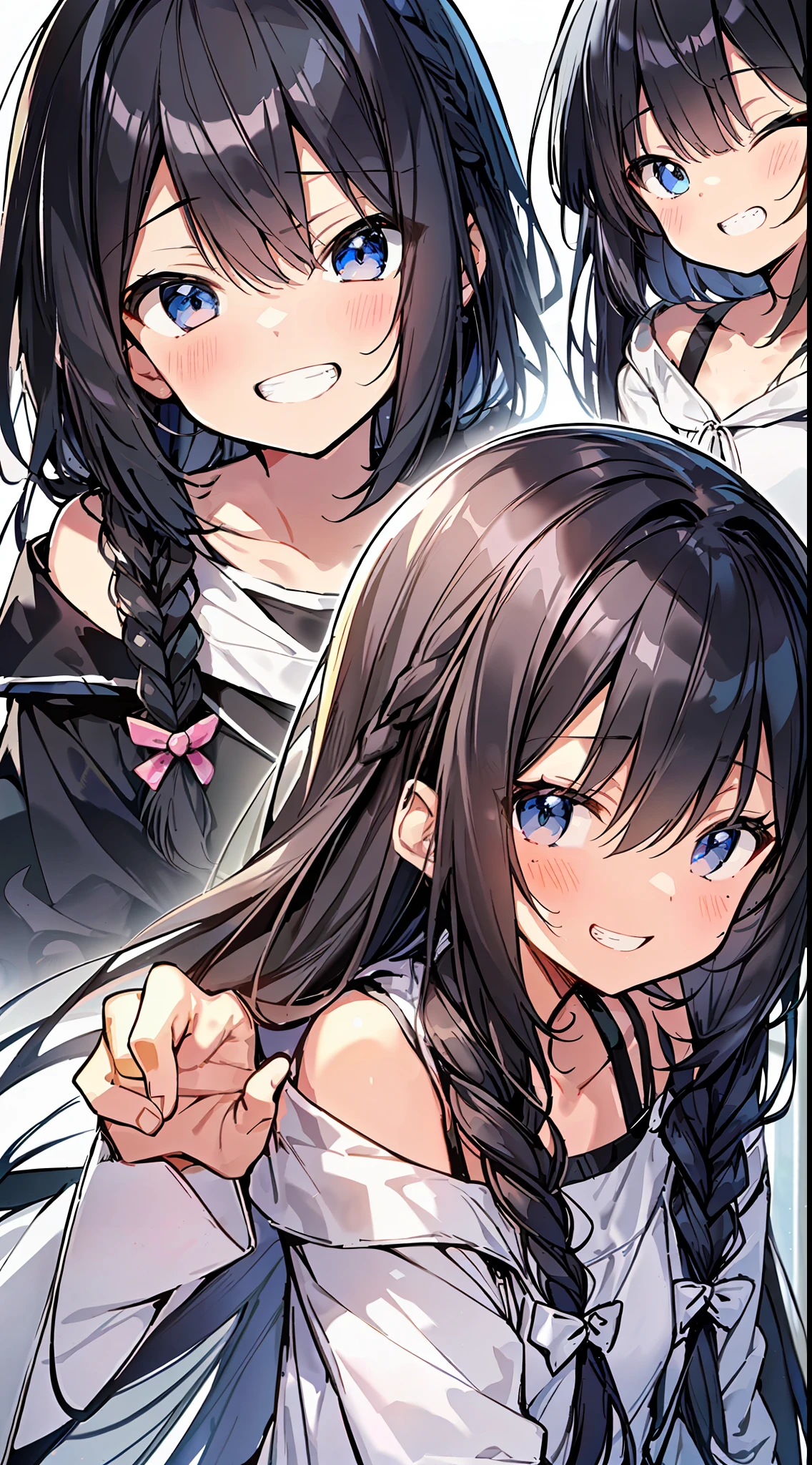 Top Quality, Best Masterpiece, Ultra High Resolution, 8k, White Hoodie, Anime-style Little Loli, Single, Ultra-Detailed Line Art, Digital Enhancement, Anime Core, Flowing Fabric, Close Up, ((Hair length to shoulder and short braid)), staring at us from the front, Soft drawing, Beautiful black hair, (((Little girl in anime style)), crisp eyes, grin, teeth, wide mouth, closed eyes, highfive, ultra-detailed digital anime art, clear face depictions, ultra-detailed anime character art, ultra-detailed manga style, top quality colors, hand gestures, foot-up angles, indoors