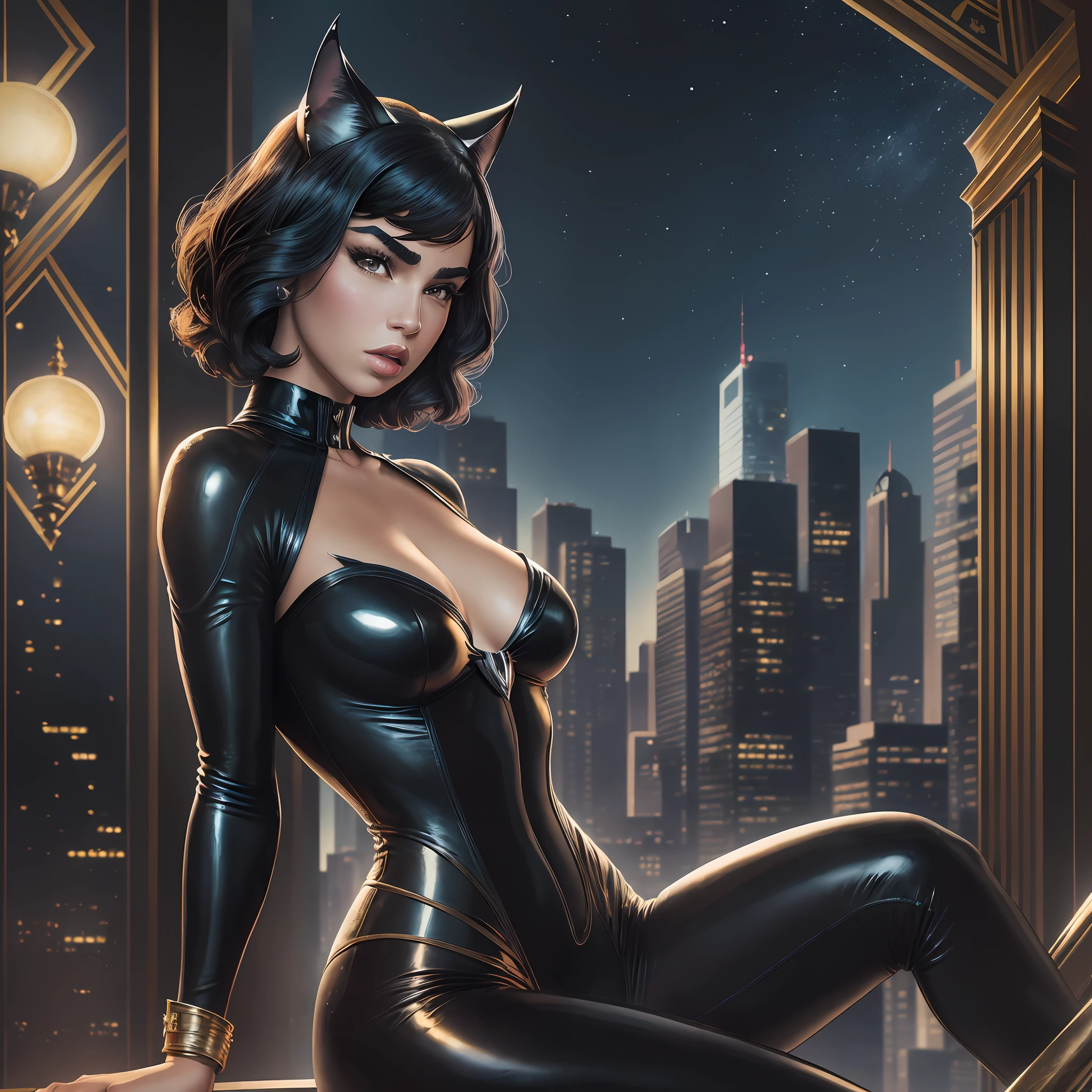 dua lipa as catwoman stands seductively on a cornice, staring out at the city below.  she wears her iconic black leather catsuit. her outfit glistens in the moonlight and her face is marked with determination. ((rendered in the incredible style of jose luis garcia-lopez)), with a focus on sharp lines and bold colors to create a dynamic image that captures the essence of this comic book legend. ((details: athletic body, long steel claws), (masterpiece:1.4), photorealistic, best quality, beautiful lighting, intricate, high detail, sharp focus, dramatic, (raw photo, 8k uhd, film grain), subsurface scattering, reflections  - --auto --s2