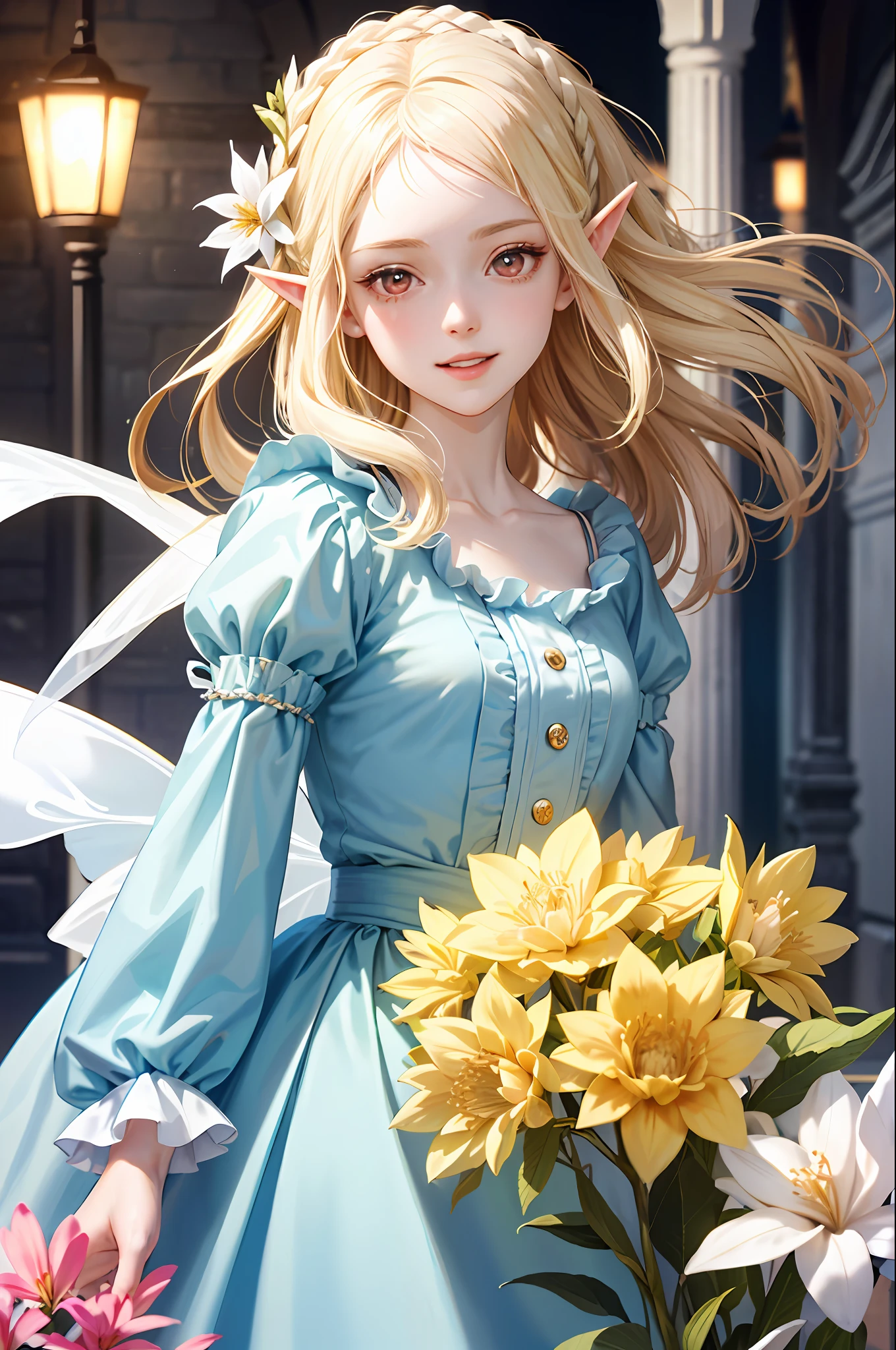 (face focus), (1 girl, woman, woman, solo, pale skin, cute), (medium hair, light yellow hair, red eyes, cute face, light smile), Marie Antoinette, pale blue dress, princess, fairy, elf ears, flowers