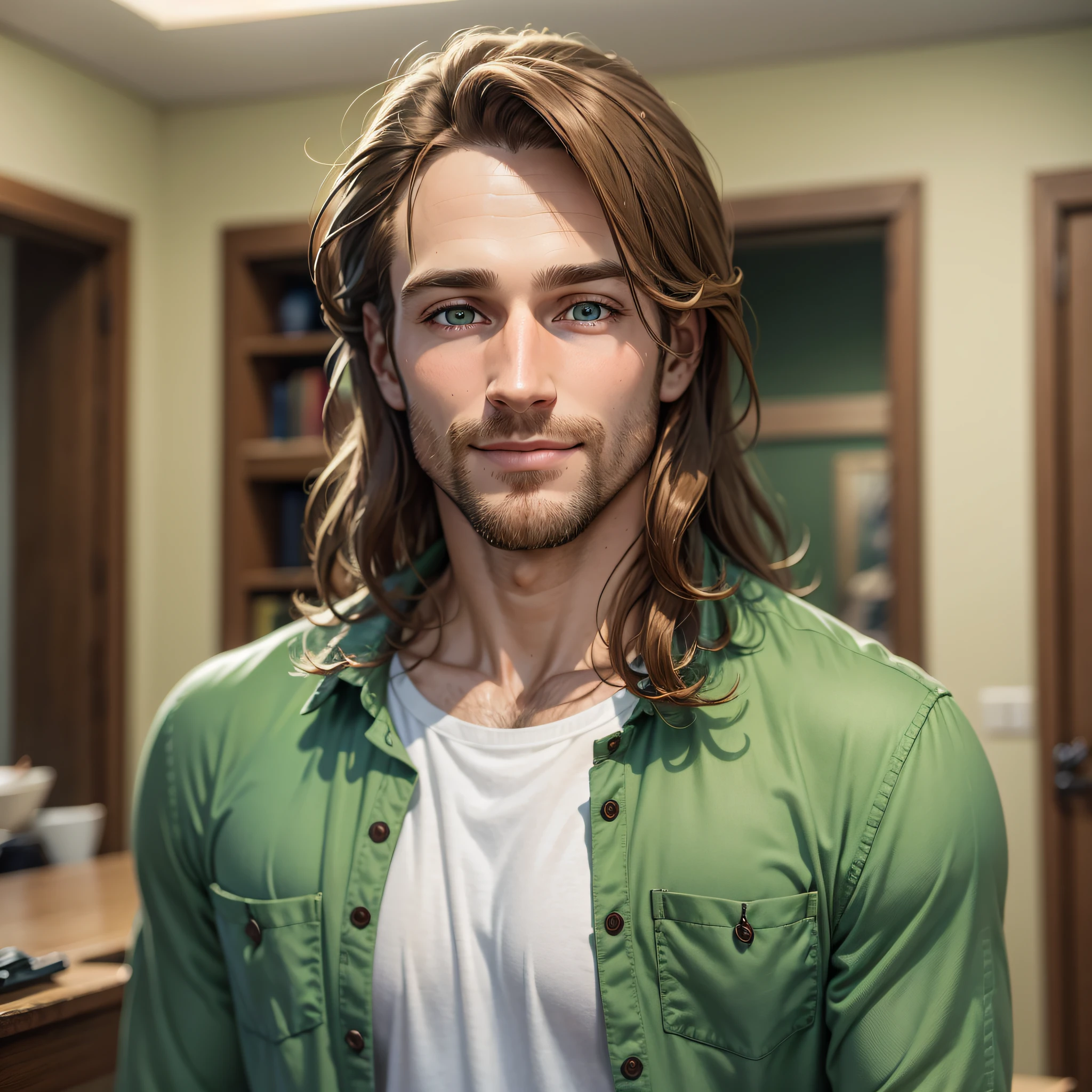Realistic portrait of a 35-year-old Caucasian man, with medium-length chestnut hair, wearing a casual shirt. The eyes are brown-green with a blue outline. The man smiles and looks directly at the camera against a plain background like a green screen. --auto --s2