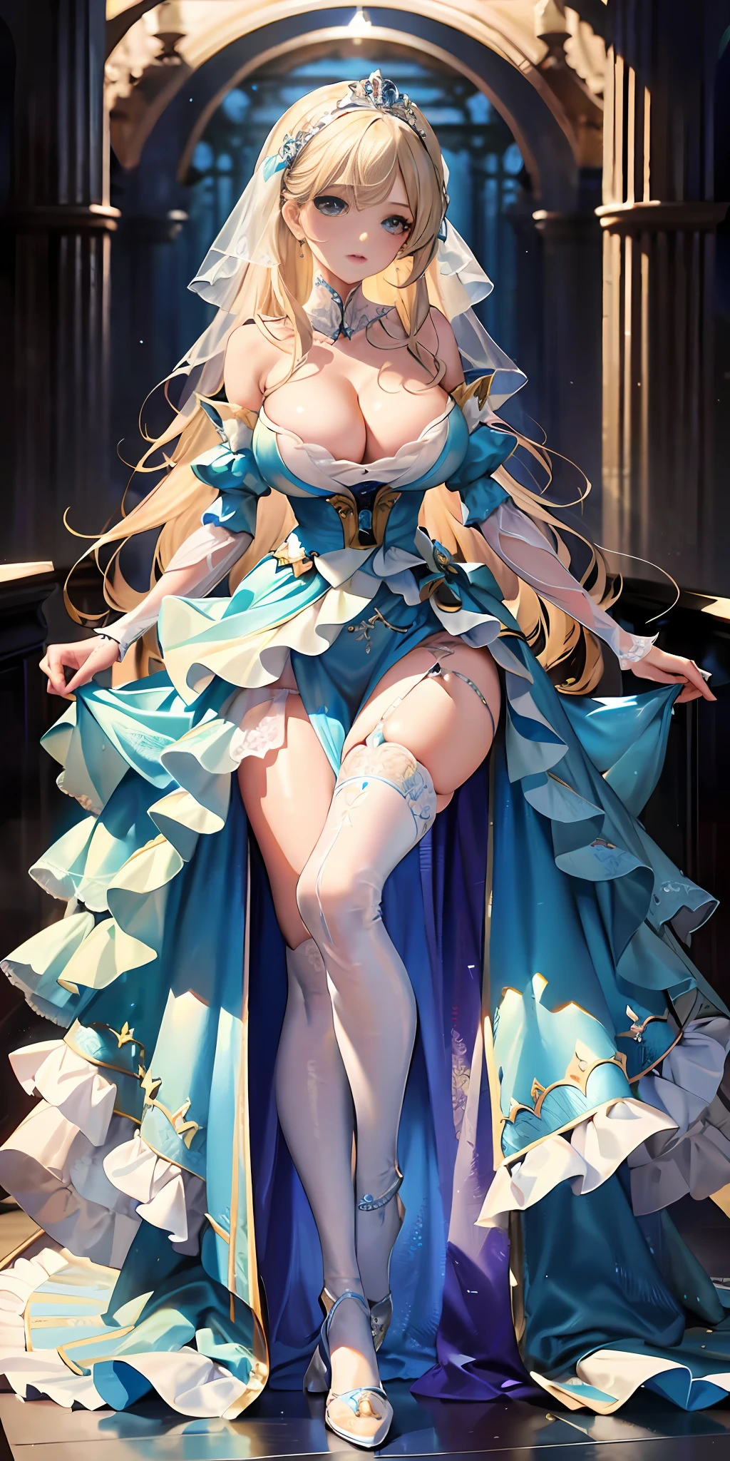 [blue:aqua:0.65] theme, masterpiece, a girl's masterpiece, detailed visual art, blue eyes, light blonde hair, long hair, collarbone, royal princess, elegant, gorgeous quinceanera dress, detailed layered skirt, [detailed frills: 0.1], [frilled dress: 0.1], embroidery, [details princess dress: 0.1], bare shoulders, big breasts: 1.3, open crotch, thigh seam, garter, groin, [NSFW|uncensored], (simple background: 1.1), low-winged, full-body, breast_expansion