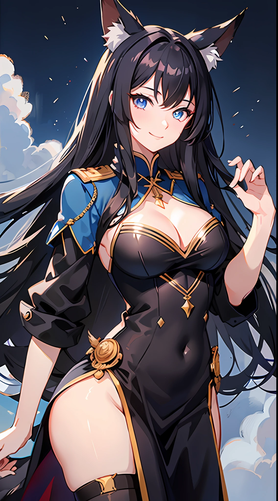 Tall girl, long black hair, fox ears, blue eyes, old Russian fighting uniform, smile, open shoulders, chest neckline, masterpiece, high quality