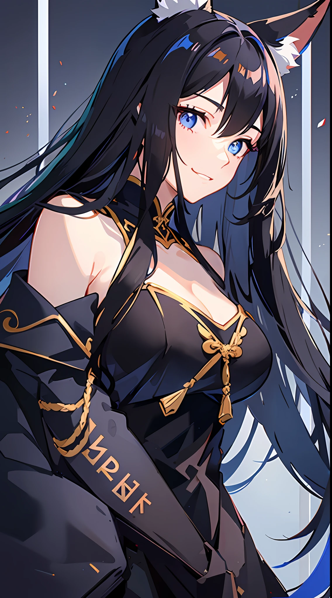 Tall girl, long black hair, fox ears, blue eyes, old Russian fighting uniform, smile, open shoulders, chest neckline, masterpiece, high quality