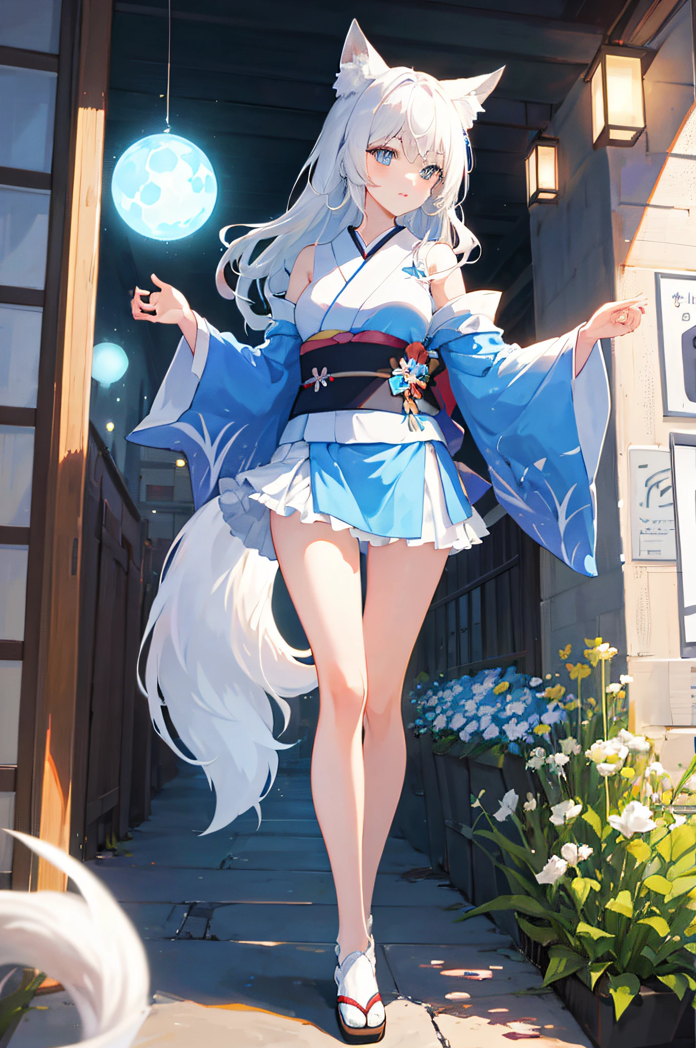 (delicate beautiful eyes and delicate face, masterpiece side light, masterpiece, best quality, detailed, high resolution illustration), (1 girl, full body, beautiful girl, shiny skin, looking down, looking at the audience), (white hair, layered kimono, kimono pull, cascading kimono, big breasts, bare shoulders, long hair, blue eyes: 1.5), (white fox ears, white foxtail: 1.5), blue flowers, short skirt, movie particles, fireballs