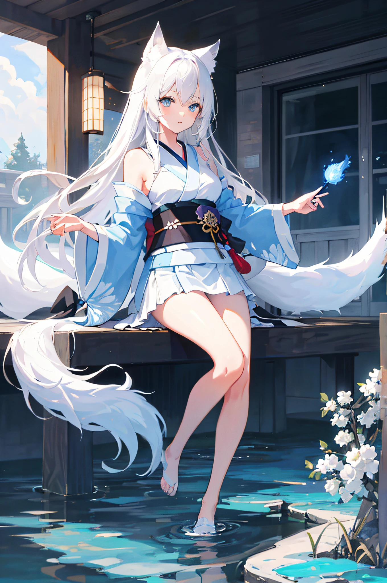 (delicate beautiful eyes and delicate face, masterpiece side light, masterpiece, best quality, detailed, high resolution illustration), (1 girl, full body, beautiful girl, shiny skin, looking down, looking at the audience), (white hair, layered kimono, kimono pull, cascading kimono, big breasts, bare shoulders, long hair, blue eyes: 1.5), (white fox ears, white foxtail: 1.5), blue flowers, short skirt, movie particles, fireballs