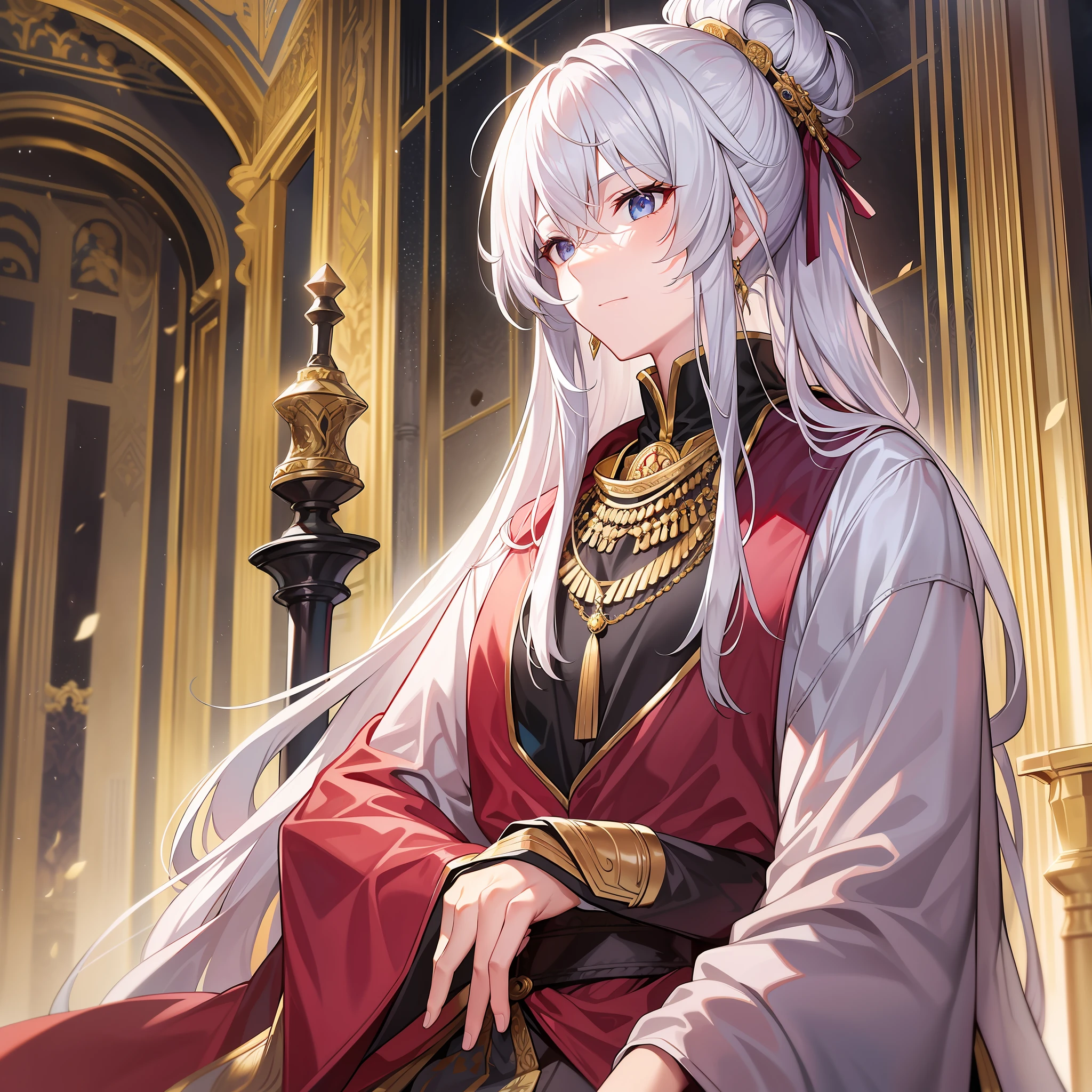 Character expressions: proud and confident, deep eyes, with a touch of coldness; Hairstyle and color: white hair flowing, part tied into a towering bun, hair color pale and flawless; Clothing style and color: red suit, robe decorated with gold patterns, coat is white shawl, noble and solemn; Accessories on the figure: a long silver chain tied around his neck with a shiny ruby hanging from the chain, a silver bracelet on his wrist and a silver scepter in his hand; Character posture: sitting high on the seat, with a proud posture, holding a silver scepter in his hand, looking at the crowd in front of him faintly; Ambient light: soft light in the room, shining down from the top light, warm and soft; Environmental atmosphere: killing atmosphere, majestic, solemn; Environmental features: ancient and ornate palace, golden walls splendid, gates carved with strange patterns, standing in front of His Majesty the ruler of the White Fox Clan are several pious bowing courtiers; Ambient time: At eleven o'clock in the evening, the sky outside has completely darkened, and the dim candlelight inside the palace reflects His Majesty's face