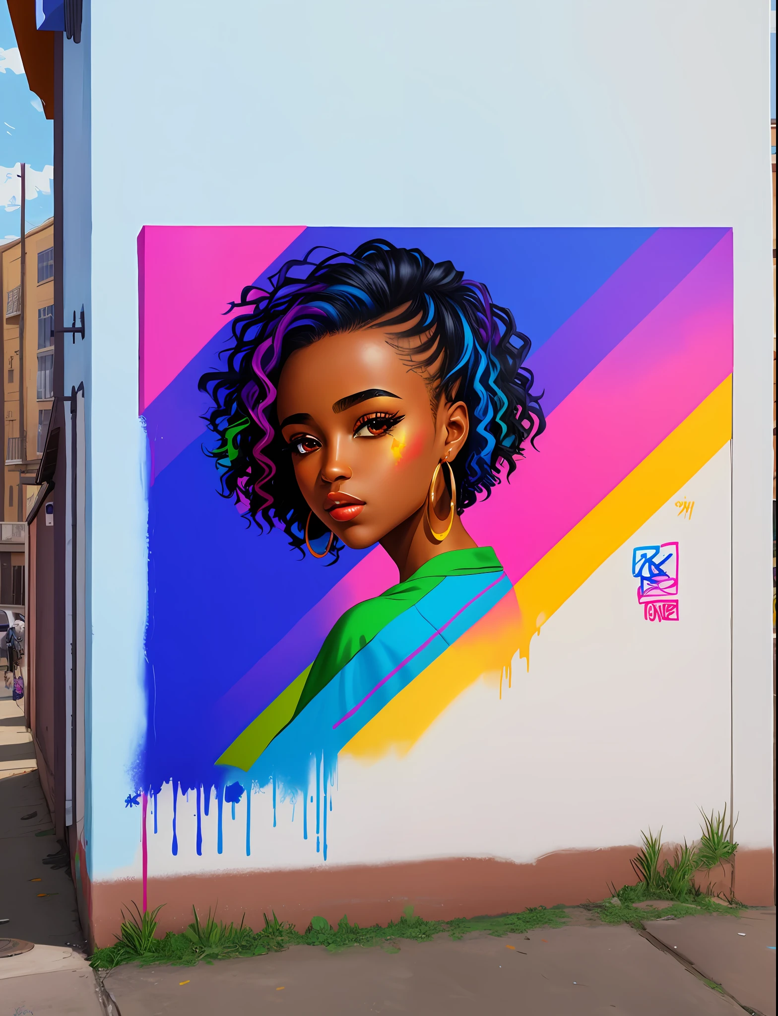 Graffiti painting, street art, 16k extremely detailed CG unit wallpaper, 16k landscape, artwork, masterpiece, best quality, amazing light brushstrokes, of a black girl in graffiti style on a white wall with vibrant colors.