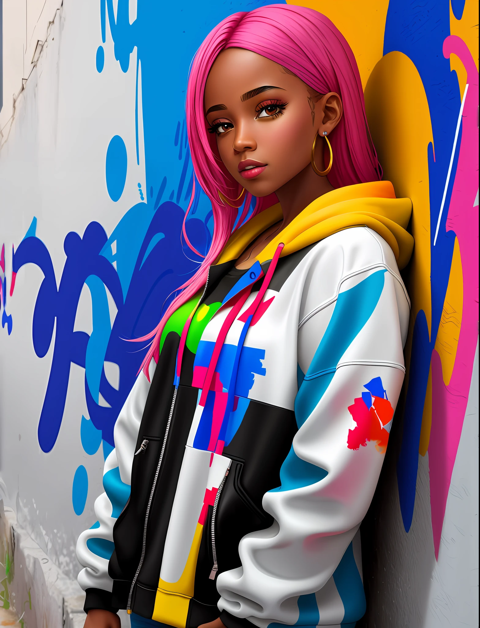 Graffiti painting, street art, 16k extremely detailed CG unit wallpaper, 16k landscape, artwork, masterpiece, best quality, amazing light brushstrokes, of a black girl in graffiti style on a white wall with vibrant colors.