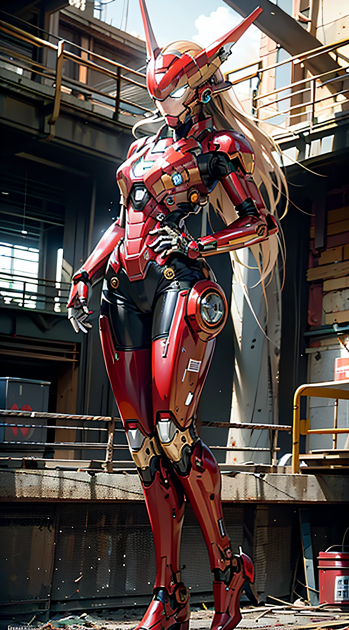 8k, full-body, realistic, charismatic, very detailed, a 20-year-old girl, a sexy and charming woman inspired by Iron Man, wearing a shiny Iron Man mech. Her dress shows sexiness and confidence, perfectly interpreting the power and charm of Iron Man. The abandoned warehouse serves as a backdrop, creating a unique atmosphere that highlights her bravery and perseverance. The cloudy sky adds a touch of tension and mystery to the entire scene. This high-definition, high-quality image will give you a stunning visual experience, including detailed abandoned warehouses and shiny mechs. OC rendering, dramatic lighting, award-winning quality