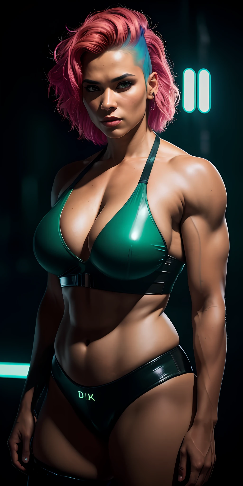 beautiful female bodybuilder cyberpunk soldier of fortune with green mohawk style hair, extreme gigantic huge mama size breasts with huge perky teats under wear, muscule body, huge hips, military, uniform, latex, pvc, rubber, slutty seductive pose, in the background cyberpunk city by night full of kanji neon lights, photorealistic, photo, masterpiece, realistic, realism, photorealism, high contrast, photorealistic digital art trending on Artstation 8k HD high definition detailed realistic, detailed, skin texture, hyper detailed, realistic skin texture, armature, best quality, ultra high res, (photorealistic:1.4), high resolution, detailed, raw photo, sharp re, by lee jeffries nikon d850 film stock photograph 4 kodak portra 400 camera f1.6 lens rich colors hyper realistic lifelike texture dramatic lighting unrealengine trending on artstation cinestill 800,