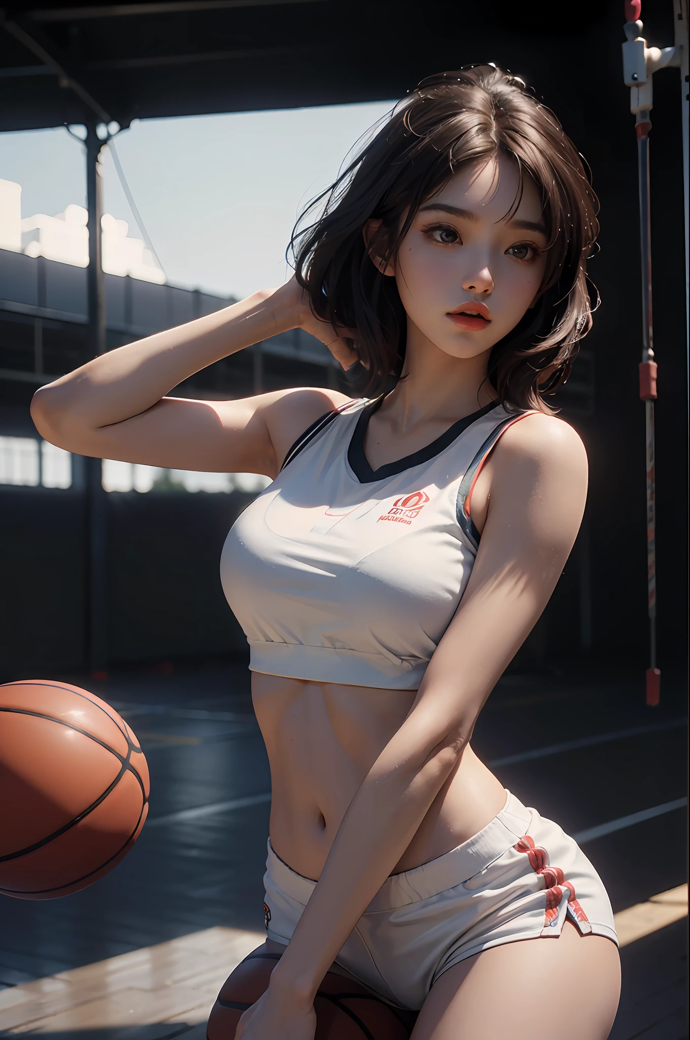 (RAW photo, 4k, masterpiece, high resolution, extremely complex) (realistic: 1.4), cinematic lighting Delicate girl with delicate facial features, oversized breasts
1 Girl, Single Focus, Summer Noon, Hot, 1990s\(Style\), White skin, Oversized breasts, Shorts, Sweat, (best quality), (Highres), (an extremely delicate and beautiful),,(Beautiful 8k face),(Brown eyes),(ulzzang-6500:1.0),(solo),( looking side),(spectators),(large breasts),(NBA),bent over,,lookside,(side), ,(Basketball sportswear),((Play basketball)),((gymnasium)),((speed)),(reality),