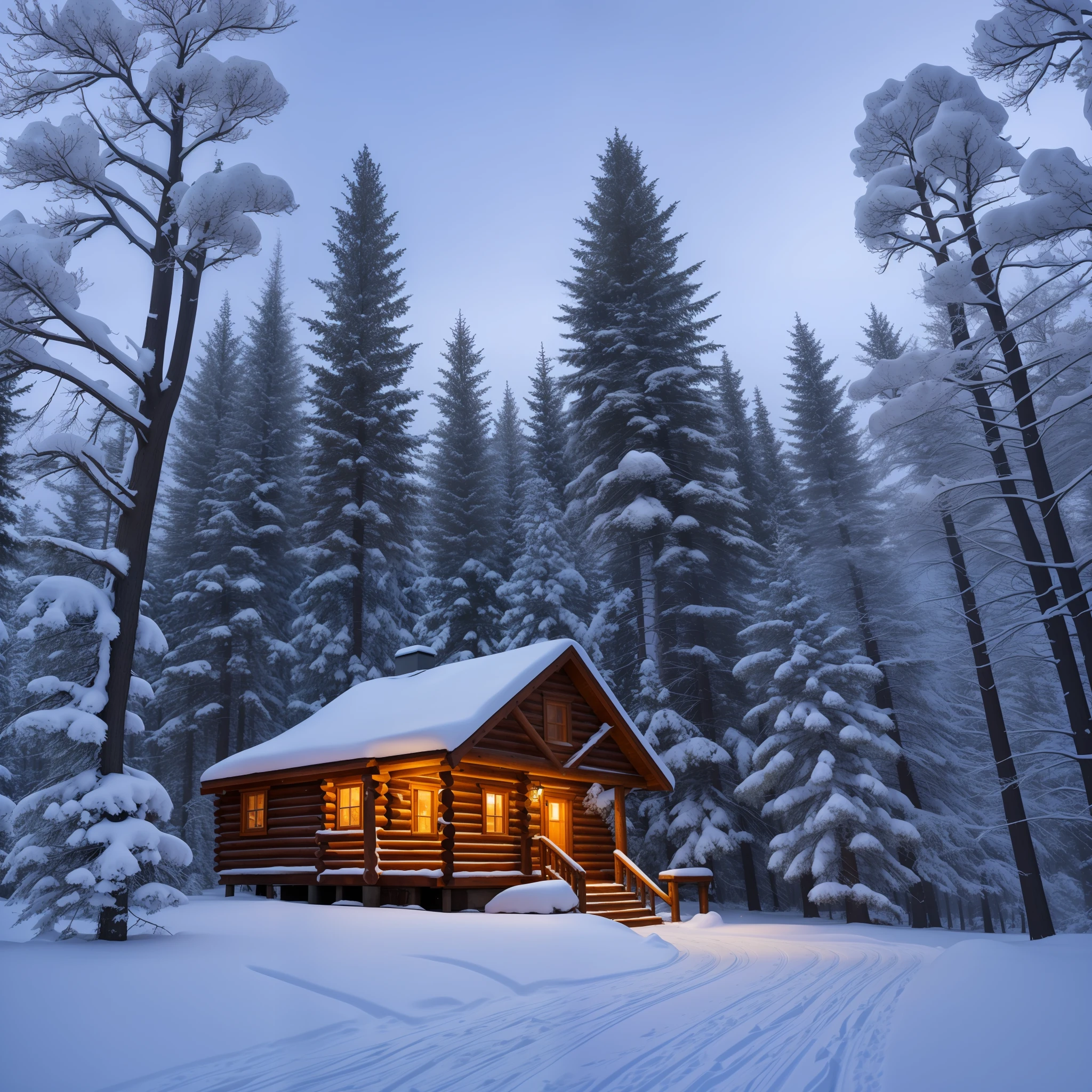 In the heart of a wintry forest, a lone cabin stands nestled among towering pine trees. The landscape is covered in a pristine blanket of snow, glistening under the soft glow of moonlight. The air is frigid, and a gentle breeze causes the snowflakes to dance in the air. A trail of smoke curls from the chimney of the cabin, indicating a warm fire within. The scene is peaceful and serene, as if frozen in time. The snow-covered branches hang low, casting intricate patterns of shadows on the ground. It's a place where tranquility and natural beauty harmonize, inviting you to step into this winter wonderland and embrace the enchantment of the season