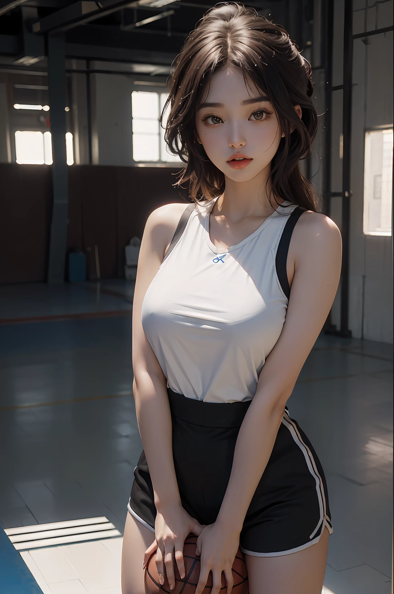 (RAW photo, 4k, masterpiece, high resolution, extremely complex) (realistic: 1.4), cinematic lighting Delicate girl with delicate facial features, oversized breasts
1 Girl, Single Focus, Summer Noon, Hot, 1990s\(Style\), White skin, Oversized breasts, Shorts, Sweat, (best quality), (Highres), (an extremely delicate and beautiful),,(Beautiful 8k face),(Brown eyes),(ulzzang-6500:1.0),(solo),( looking side),(spectators),(large breasts),(NBA),bent over,,lookside,(side), ,(Basketball sportswear),((Play basketball)),((gymnasium)),((speed)),(reality),