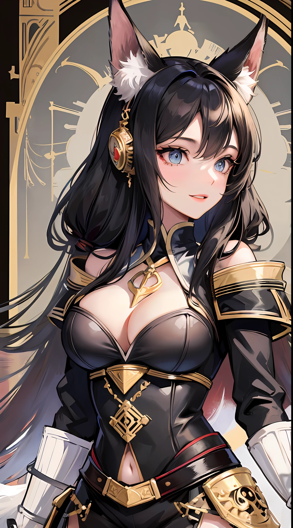 Tall girl, long black hair, fox ears, blue eyes, old Russian fighting uniform, smile, open shoulders, chest neckline, masterpiece, high quality