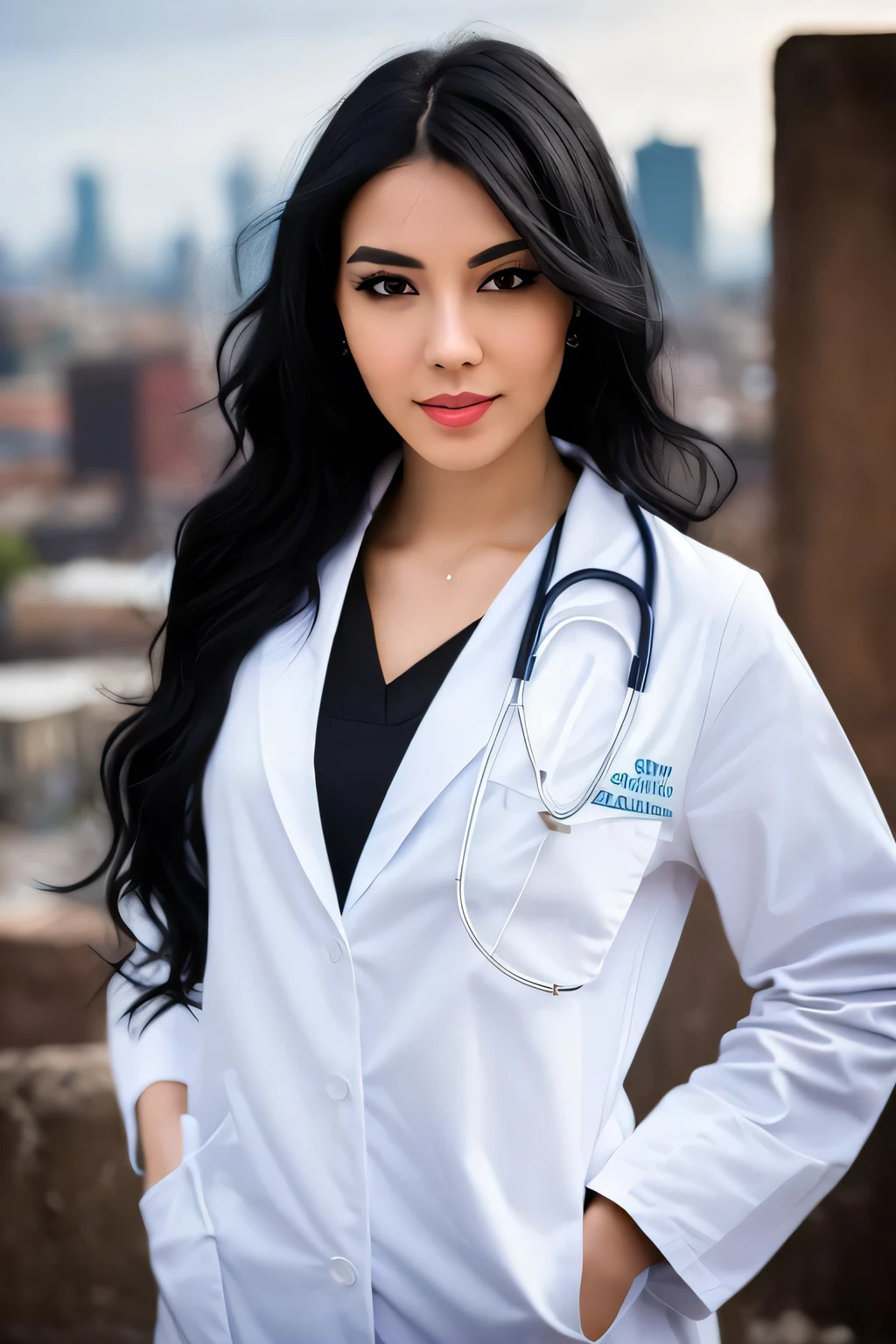 a  woman,(closeup) , (((standing))), ((full body)), (( from front)), (dressed as a doctor:1.2),(((black hair))), perfect hands, perfect face, perfect eyes, perfect iris, pale skin, slim body, background is city ruins, (high detailed skin:1.2), (dynamic pose)
